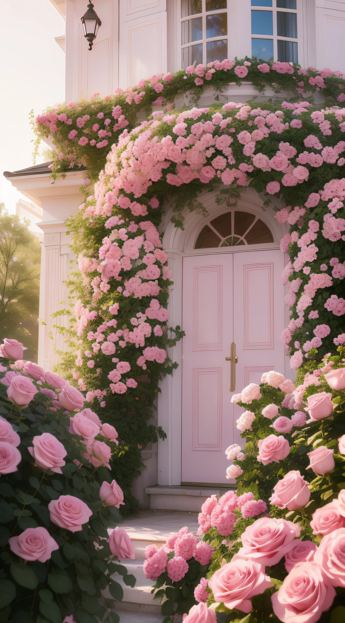 In front of the house there is a large pink rose bush, pink flowers, roses in the film light, beautiful and beautiful, portal made of roses, pastel pink, roses, cgsociety, pink golden hour, rose garden, beautiful aesthetics, dream aesthetics, natural and floral aesthetics, looks realistic, roses, ultra-realistic pictures, very, 🌺 very realistic