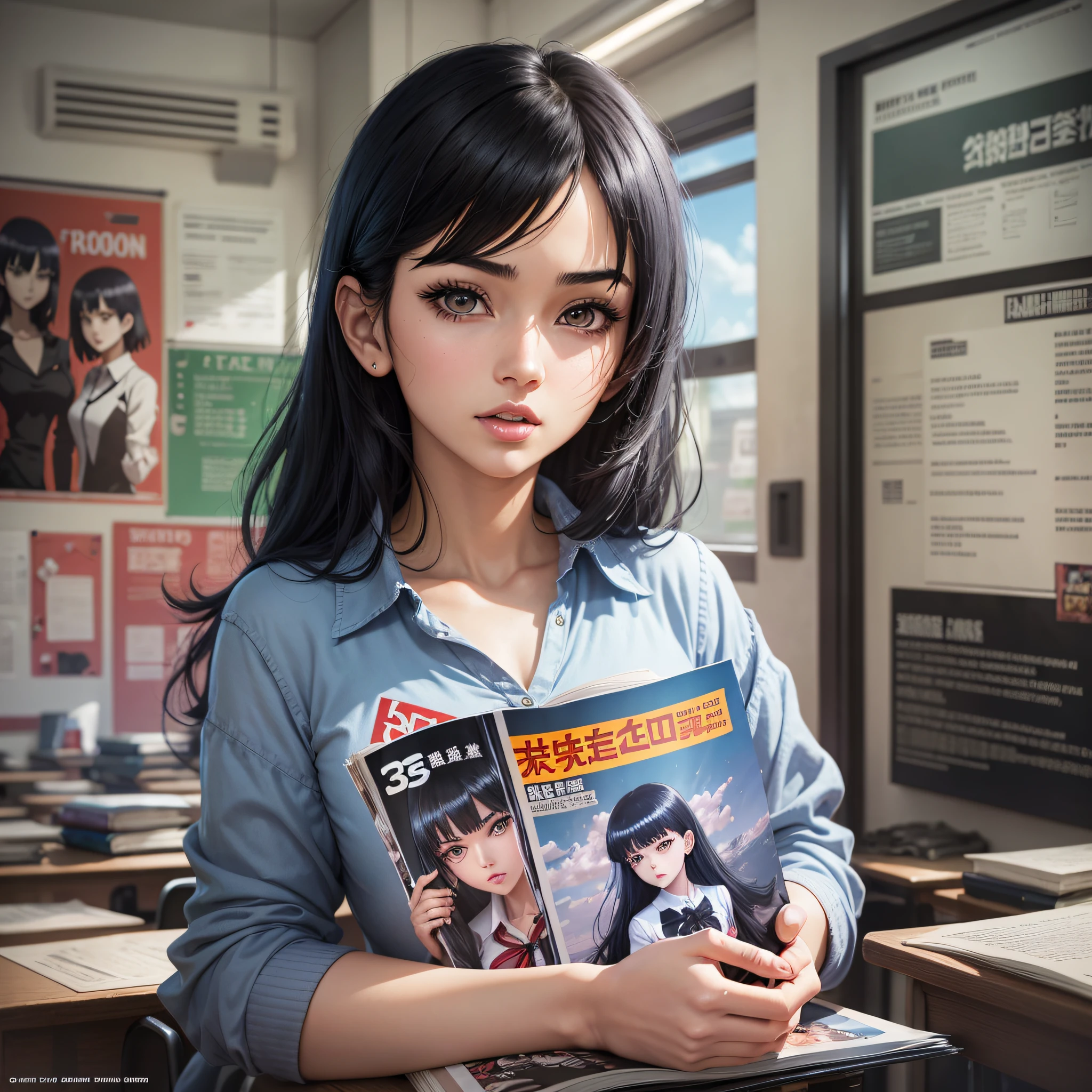 A woman with black hair holding an English magazine, manga cover style, realistic anime 3 D style, full color manga visual style, background inside classroom, wearing stylish shirt, characters occupying a quarter of the picture, classroom, magazine cover, upper body, poster design, female teacher --auto --s2