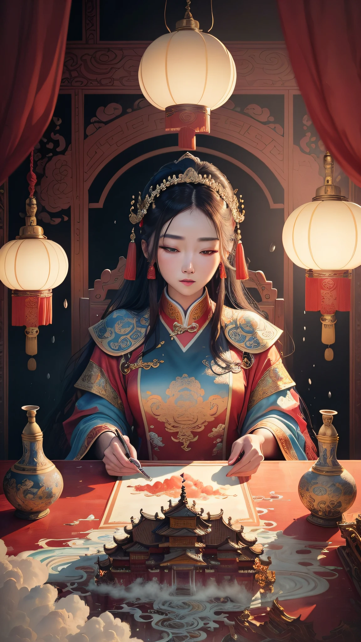 In the real scene, the ancient Chinese palace is located above the clouds, the palace hall, Wang Duan sits on the throne, wearing a luxurious ancient costume, with a majestic face. Surrounded by many concubines, surrounded by clouds and mist, magnificent, glazed tiles, colorful light, (((splashed ink)), ((splashed ink}), masterpiece, high quality, exquisite graphics, high detail: