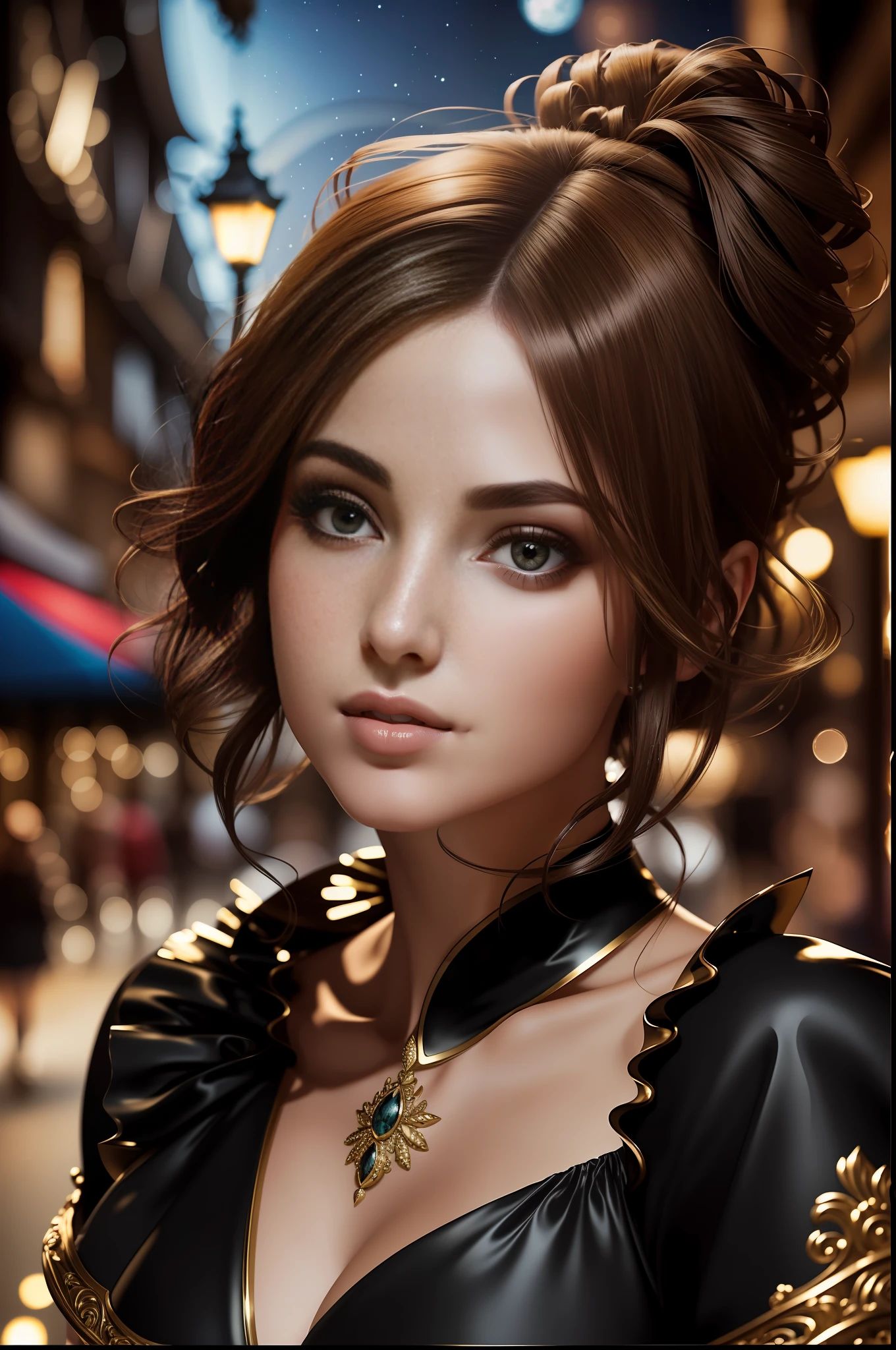 best quality, masterpiece, ultra resolution, (unreal engine: 1.4, realistic: 1.4), original photo, masterpiece, best quality, super detail, Illustrations, (bust shot, street, moon light), masterpiece, 1girl, solo exhibition, beautiful woman on bustling street, surrounded by vendors, beautiful goddess girl portrait, beautiful and detailed face, porcelain skin, ((bust lens, center, night, brunette hair, short hair)), super soft lighting, symmetry, complexity, elegance, high detail, realism , art, concept art, smile, fantasy costume, super fine costume,