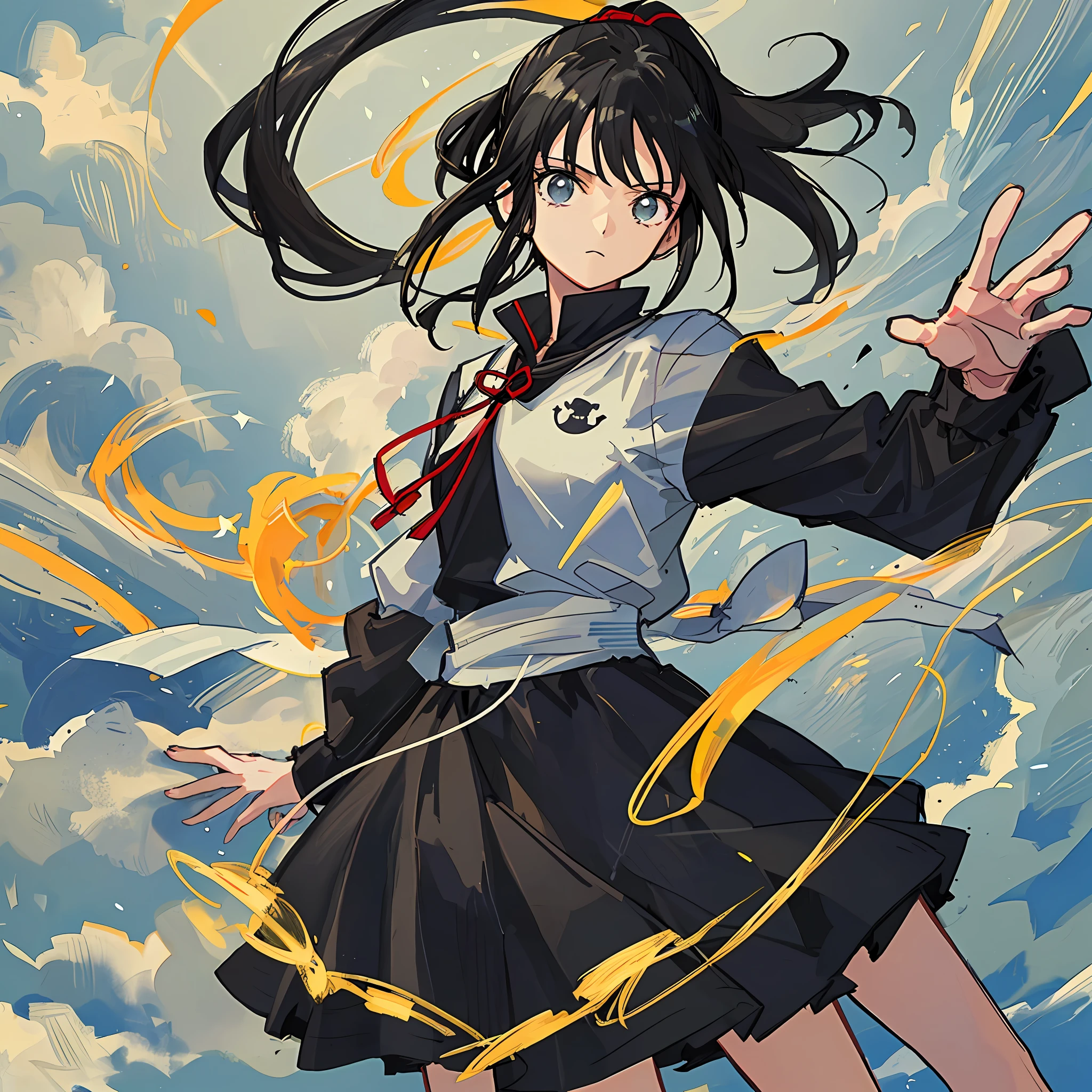 (Masterpiece), (Best Quality), (Super Detail),(Illustration), one Female, Black Hair, Ponytail Hair, black wear, by Yoshihiro Togashi