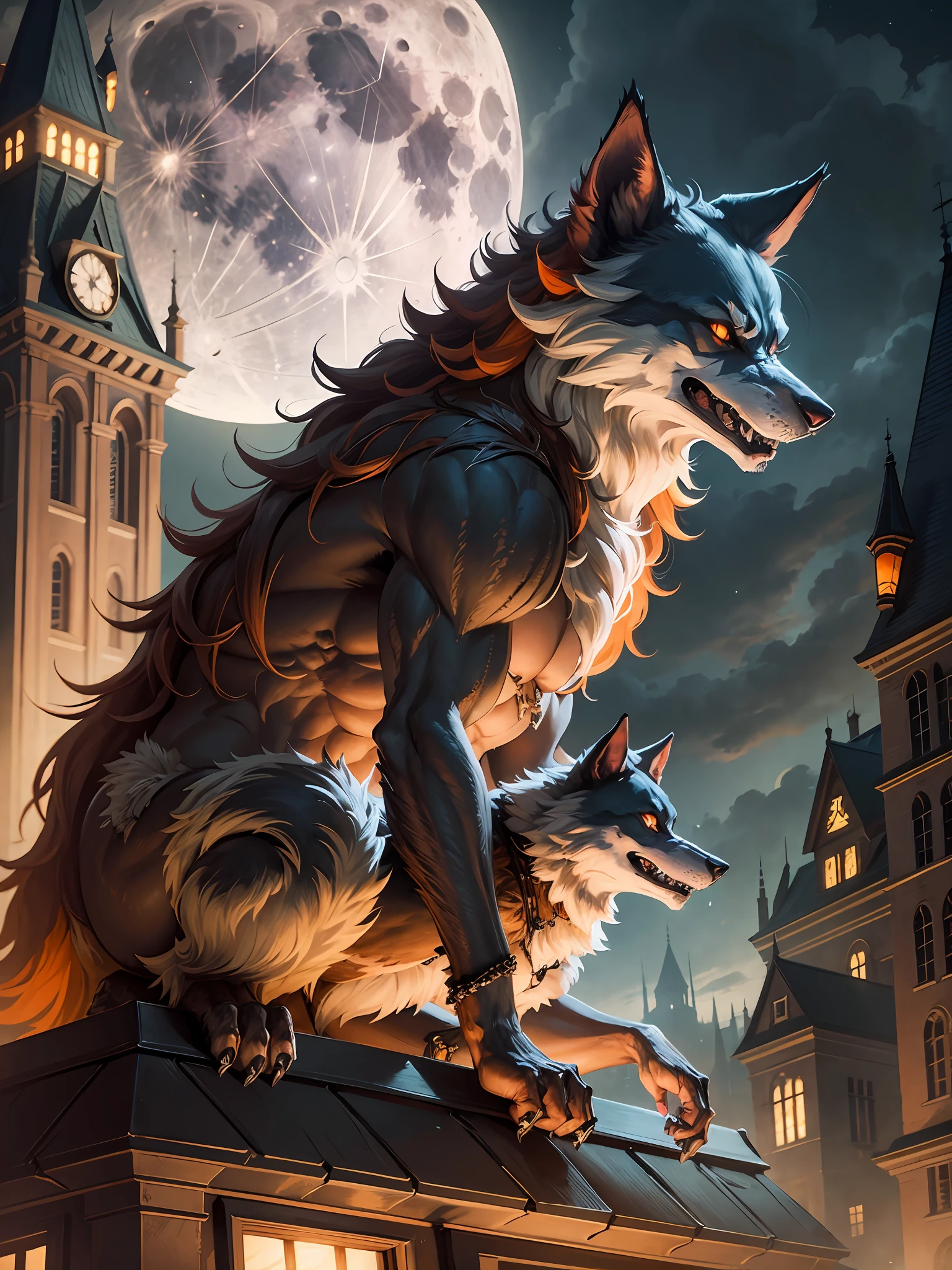 werewolf, werewolf style van helsing, orange fur, on top of a building looking at the full moon. --auto --s2