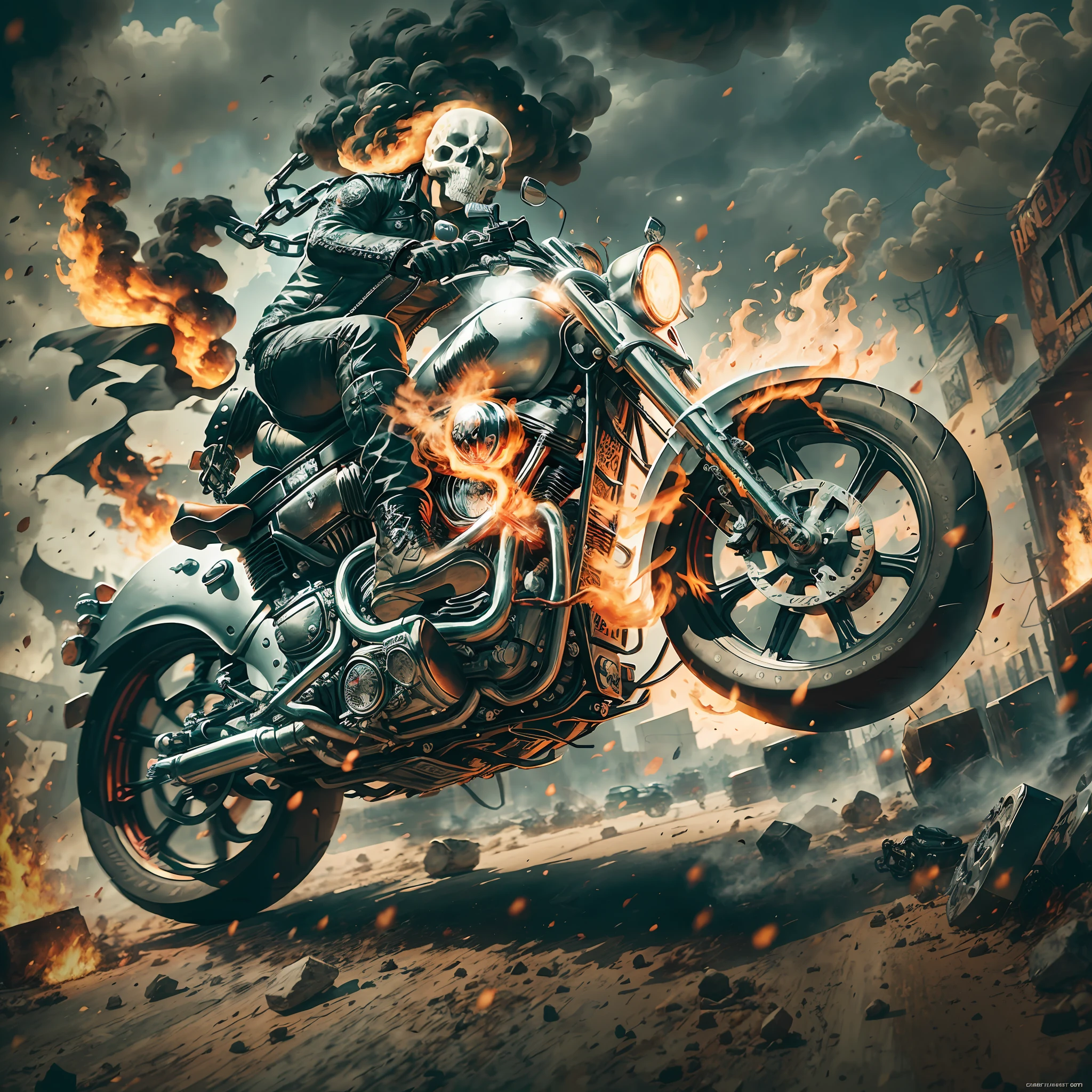 Create a realistic image of Ghost Rider on his Harley Davidson in high resolution, with chains and fire in a chaotic environment. Make sure the image captures the scene realistically and authentically, with details like the motorbike, the Ghost Rider with his flaming skull-shaped head, the chains and the fire. Use a vibrant, contrasting color palette to make the image stand out and make it more appealing. Add textures and details to make the image more realistic, such as smoke and debris in the environment. Make sure the resulting image looks realistic and detailed." —c 10 —ar 2:3 --auto --s2