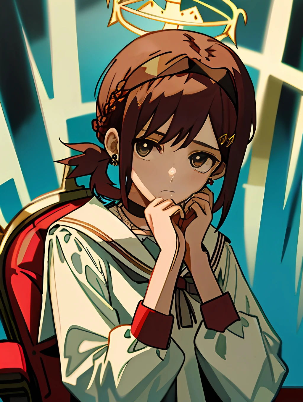 Brunette hair, red hairpin, king, looking at the audience, holding, jewelry, earrings, bracelets, crown, throne, arona, 1 girl, white headband, bow headband, halo, short hair, single braid, school uniform, blue shirt, white sailor collar, long sleeves, white bow tie, white necklace