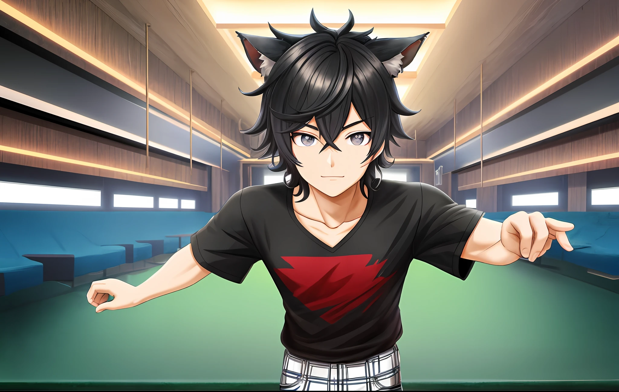 (High quality, anime style) Live2D virtual YouTuber model, persona, (standing frontal, symmetrical posture), wearing (casual home wear), background (none), Ghibli style, 1boy, animal ears, front facing forward, posture symmetry, short sleeves, black hair, curly hair, muscle, jacket, looking at the audience, off-the-shoulder, smiling, short hair, solo, black eyes, ((masterpiece)), single character, (character design, celluloid), male, muscular, healthy, male, Apose , standing, frontal ahead, standing, normal standing, no posture
