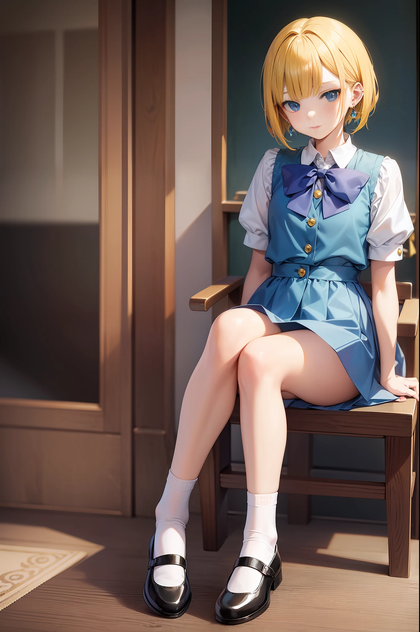 ((anime style)),masterpiece,flat color, best quality, no-show socks, flat shoes, earrings, Peter Pan collar,Blue and GrYellown outfit, Yellow hair, straight bangs, beautiful hair.