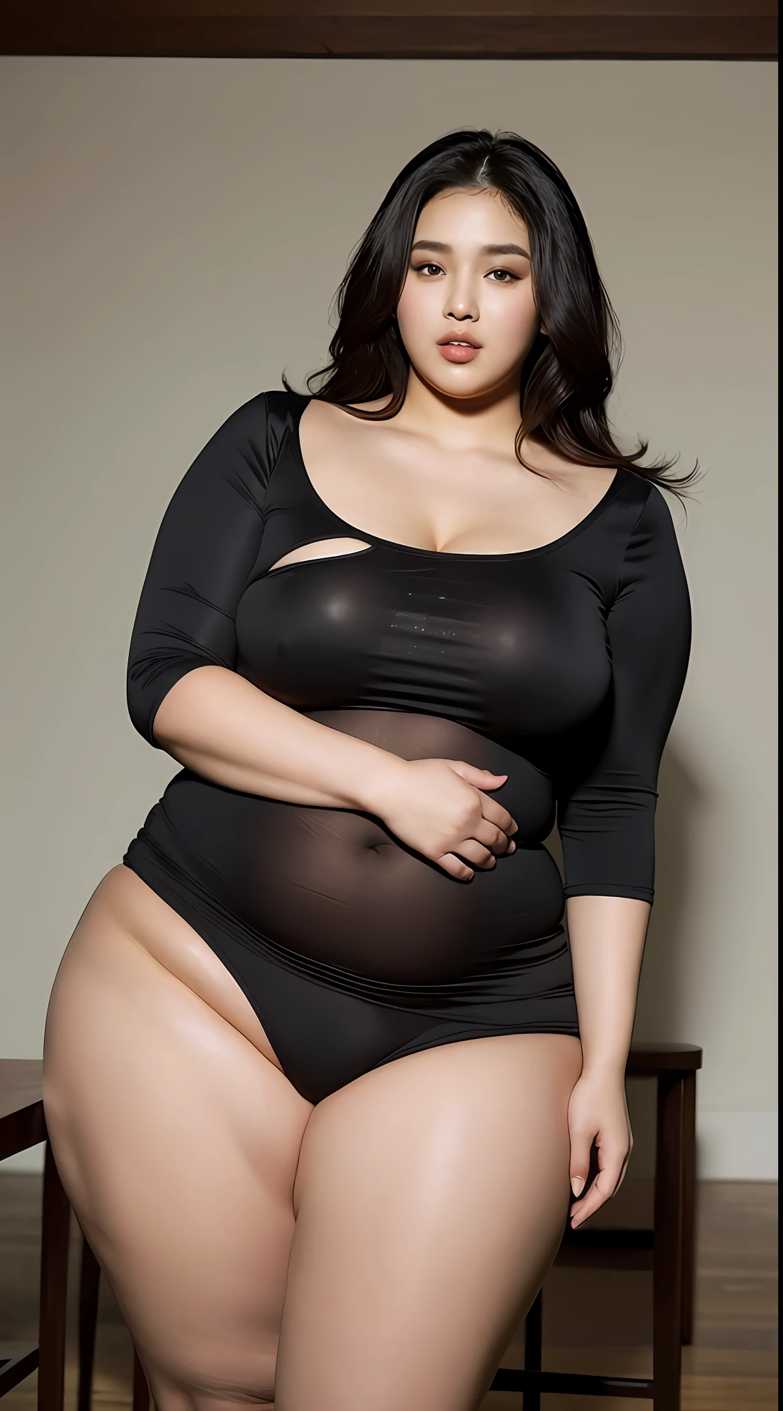 (Great plus size model like fat black man wearing sexy T-back)), very huge bust, very big ass, very thick thighs, thin waist, araffe, beautiful thick woman, chubby, beautiful curves, sensual body, big cheeks, hip shot, curve emphasized loot, big cheeks!, widest waist, korean beauty