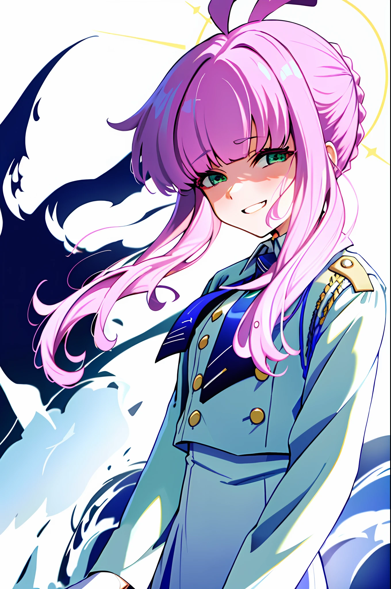 Kaya Shiranui, 1 girl, Solo, View viewer, Smiling, Bangs, Simple background, Long sleeve, White background, Green eyes, Seated, Pink hair, Ahoge, Tie, White gloves, Coat, Hello, Blue tie, Shirt, Skirt, Upper body
