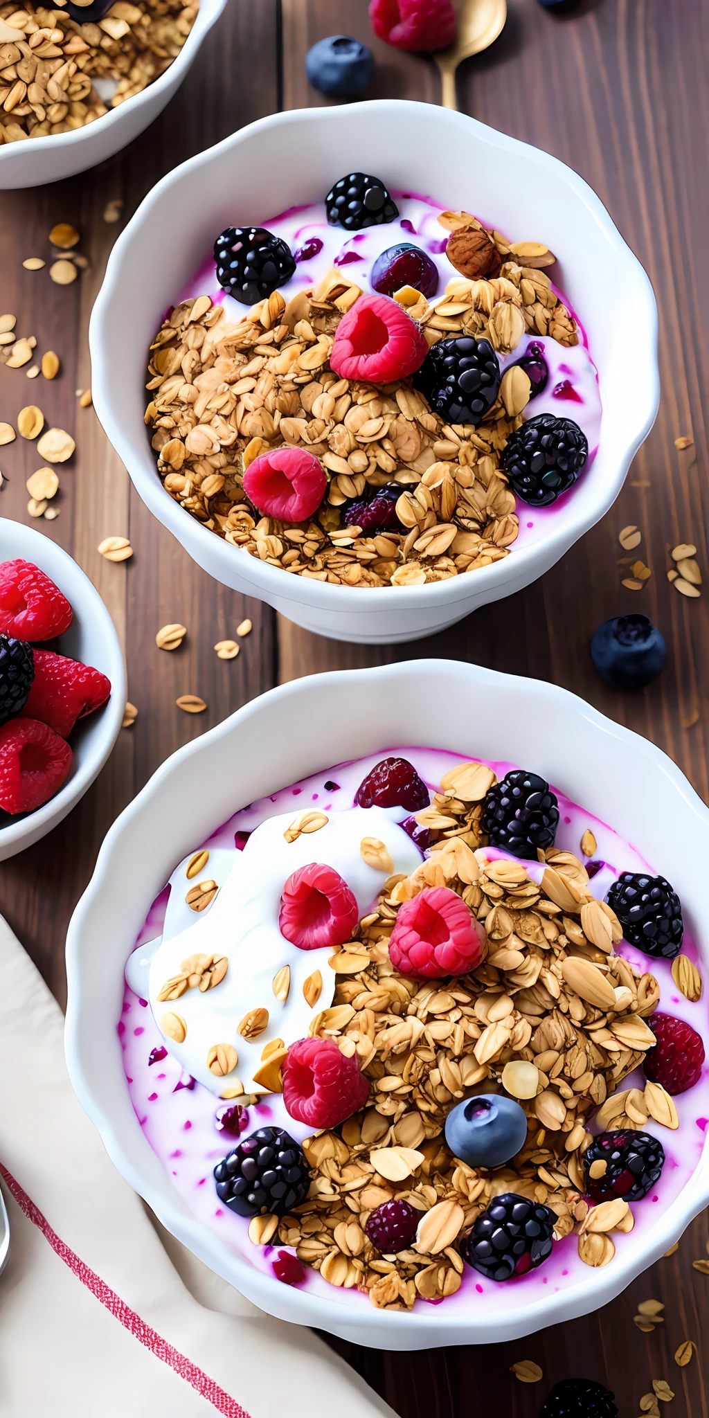 (high quality), (mouth-watering), (freshly homemade), healthy breakfast. (Delicious) granola and (creamy) berry yogurt.
