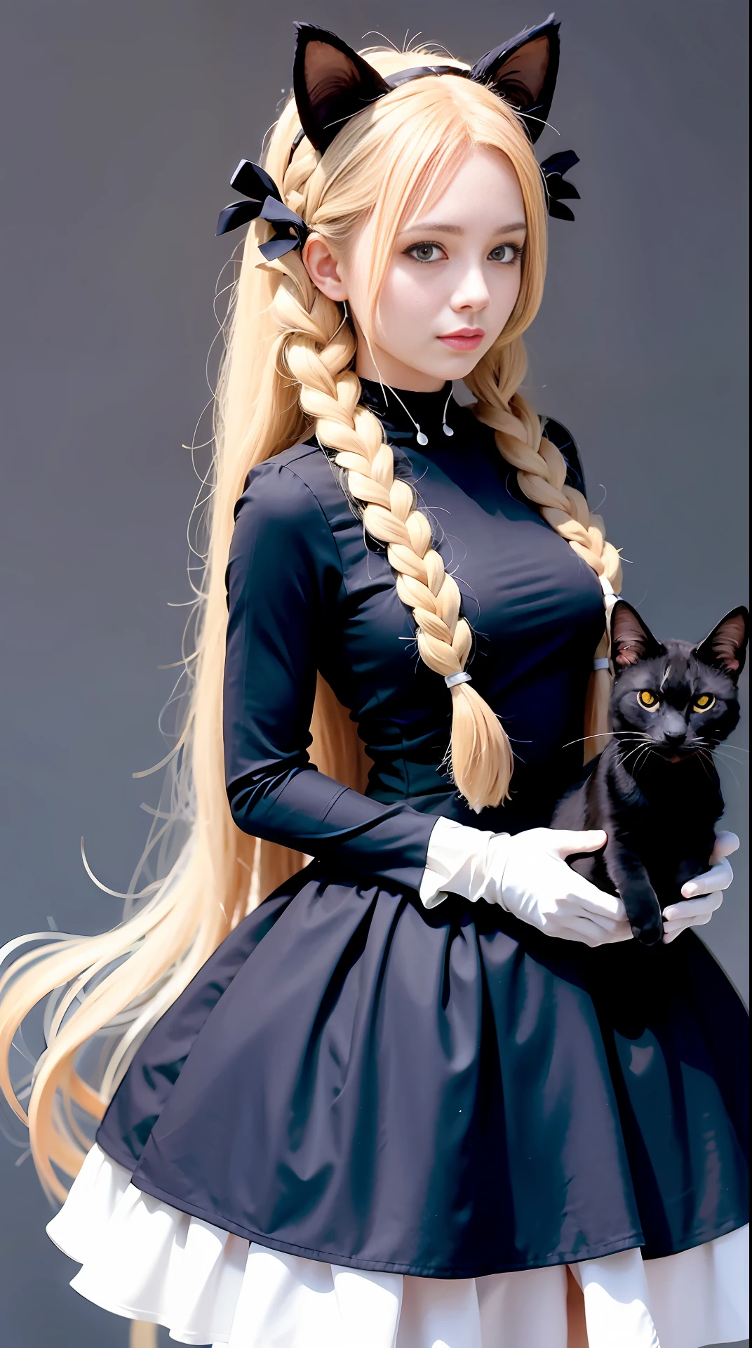 cat, 1girl, black cat, holding animal, halo, braid, gloves, holding, long hair, holding cat, animal, hat, dress, blonde hair, white gloves, purple eyes, white dress, mask, 1boy, long sleeves, looking at viewer, cape, picture frame, formal, single braid, black headwear, suit