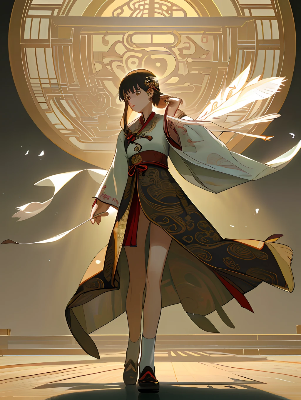 Incomparable masterpiece, ultra-realistic 8k CG, perfect artwork, (((perfect female figure)), mature woman, mature woman, Chinese deity, seductive, clean, beautiful face, pure face, pale skin, absurd long hair, divine goddess, shiny skin, skin dents, delicate patterns, intricate details, (Rich: 1.4), Fantasy, Divine, Clean, Abundant, Prestige, Dreamy, Supreme, Capex, Paramount, Goddess, Lace, Lace Embellishment, Delicate Pattern, Shiny Skin, Blonde, Royal, Queen, Supernatural, Phenomenal, Fabulous, Wonderful, Amazing, Spotlight, Extremely Detailed Face, Super Idol Face, Messy Hair, Perfect Lighting, Abundant, (Detailed Light), ((Next Exquisite and Beautiful)), dramatic_shadow, ray_tracing ,(legs apart, whole body)),
((Ancient Chinese background, Chinese pattern, shawl, feather coat, Hanfu, delicate clothes, Chinese pattern dress)), (indoor + dark atmosphere + Chinese courtyard + pond + pavilion + peace + bridge + trees),