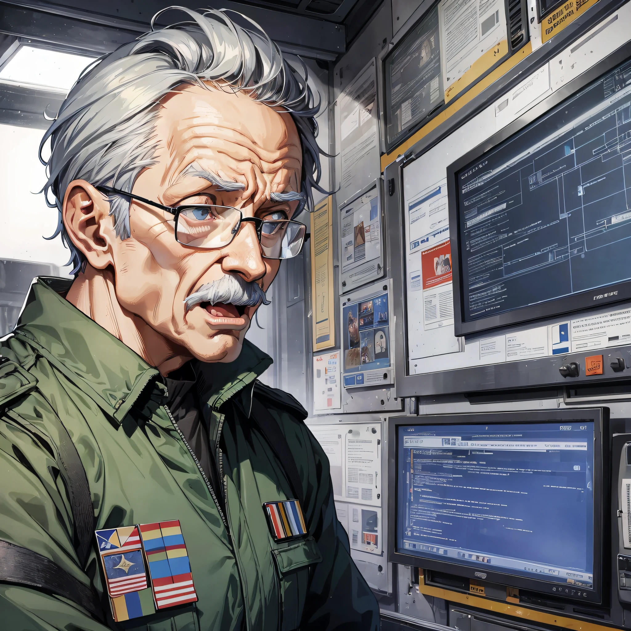 An elderly man dressed as a commander (1.5) with a very shocked expression with his mouth open, and the background is a large combat command with many large screens