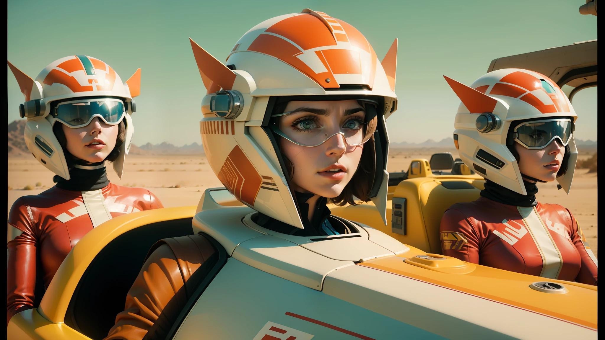 there are three women in star wars costumes in a car, inspired by Wes Anderson, f - zero, dslr 8 k, gorgeous female alison brie, by Louis Mathieu Verdilhan, still from anime, quentin mabille, tumblr aesthetic, desert mirage, wearing winged helmet, 2070s, orange
