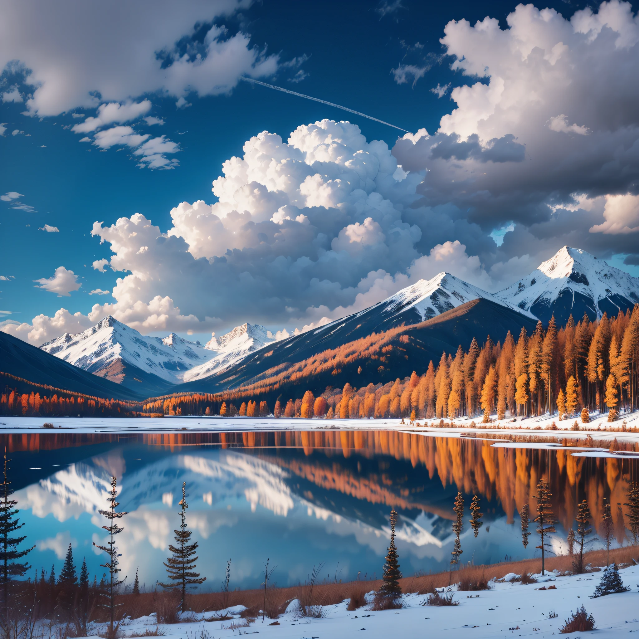 Blue sky and white clouds, in the distance is a peak snowy mountain, a lake in the woods, the edge of the inn, autumn
