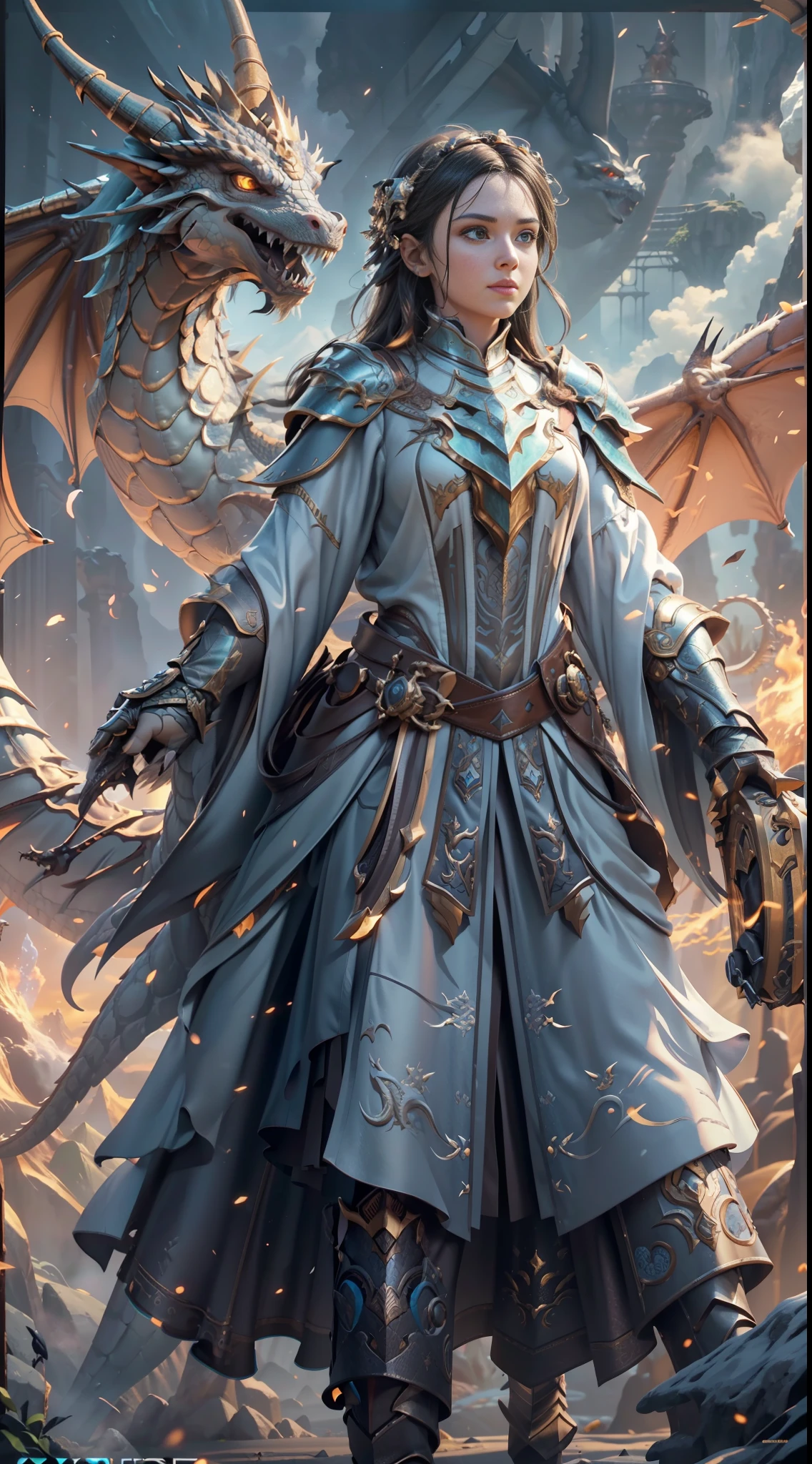 ((Best Quality)), ((Masterpiece)), (Very Detailed:1.3), 3D, (Giant Dragon:1.2) With Woman (Knight:1.1) Ride on Back, Dragon Knight, Soaring Clouds, Fantasy, (High Dynamic Range), Ray Tracing, NVIDIA RTX, Super Resolution, Unreal 5, Subsurface Scattering, PBR Texture, Post Processing, Anisotropic Filtering, Depth of Field, Maximum Sharpness and Acutance, Multilayer Texture, Albedo and Highlight Mapping, Surface Shading, Accurate simulation of light-material interactions, perfect proportions, octane rendering, duotone lighting, low ISO, white balance, rule of thirds, wide aperture, 8K RAW, high efficiency sub-pixels, subpixel convolution, luminescent particles, light scattering, Tyndall effect