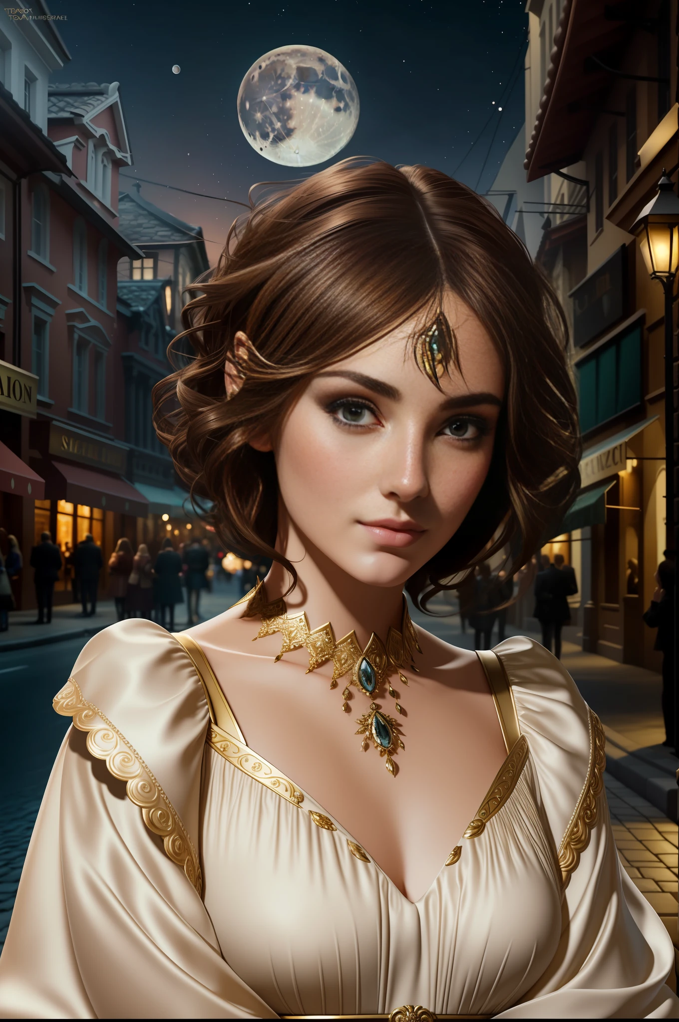 best quality, masterpiece, ultra resolution, (unreal engine: 1.4, realistic: 1.4), original photo, masterpiece, best quality, super detail, Illustrations, (bust shot, street, moon light), masterpiece, 1girl, solo exhibition, beautiful woman on bustling street, surrounded by vendors, beautiful goddess girl portrait, beautiful and detailed face, porcelain skin, ((bust lens, center, night, brunette hair, short hair)), super soft lighting, symmetry, complexity, elegance, high detail, realism , art, concept art, smile, fantasy costume, super fine costume,
