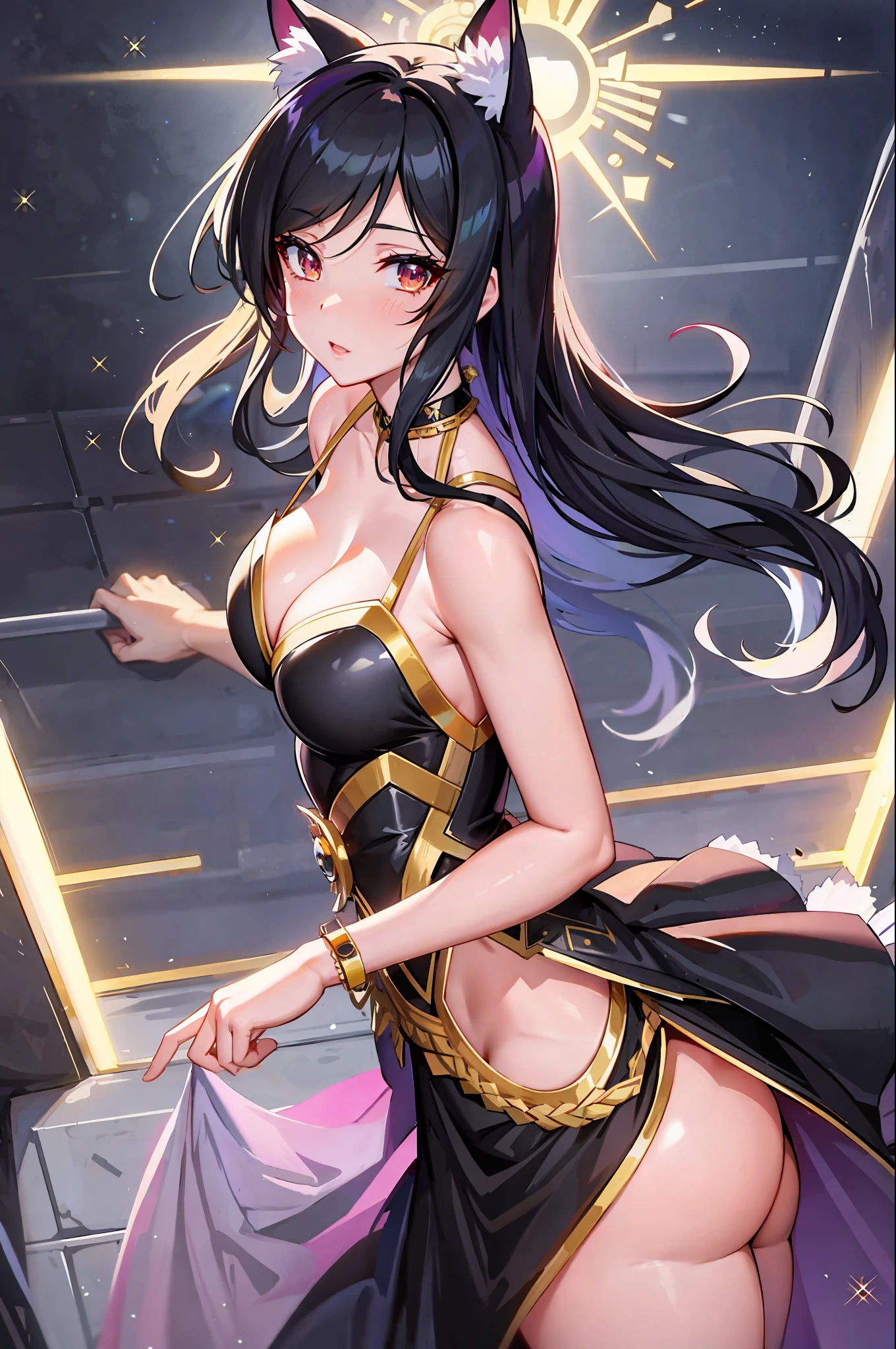 a woman in a black and gold dress with a cat ears, seductive anime girl, cute anime waifu in a nice dress, extremely detailed artgerm, anime goddess, style artgerm, anime girl wearing a black dress, irelia, beautiful alluring anime woman, anime moe artstyle, marin kitagawa fanart, ! dream artgerm