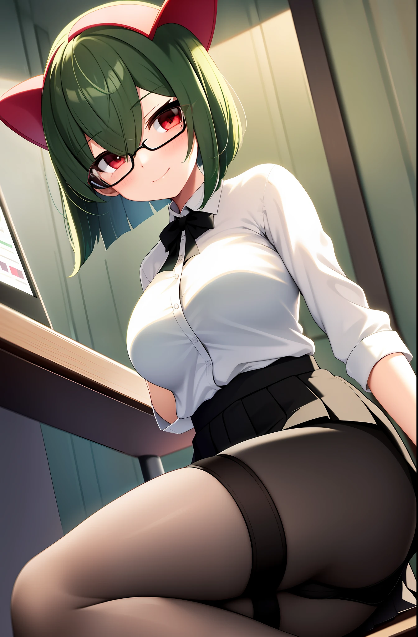 masterpiece, best quality, 1 girl, solo, kirlia, green hair, red eyes, white blouse or, green skin, short hair, short black skirt, in an office, sitting with your legs open on a desk, tight blouse with wide neckline, big chest, big breasts, does not wear bra, legs apart with skirt raised, showing your underwear, Black panties with lace, blush, mischievous smile, wearing thick black-framed glasses. Night stage, at night.