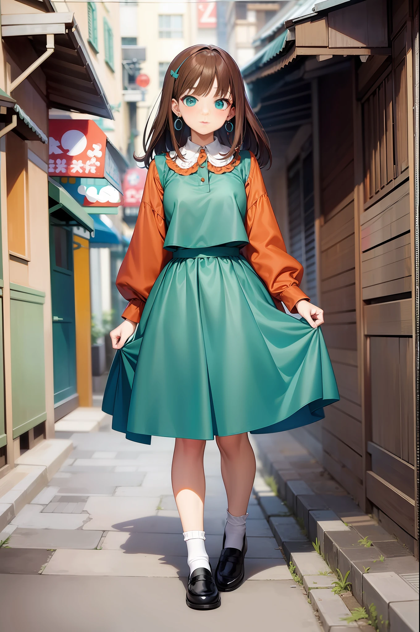((anime style)),masterpiece,flat color, best quality, no-show socks, flat shoes, earrings, Peter Pan collar,Turquoise and Coral outfit, Brown hair, straight bangs, beautiful hair.