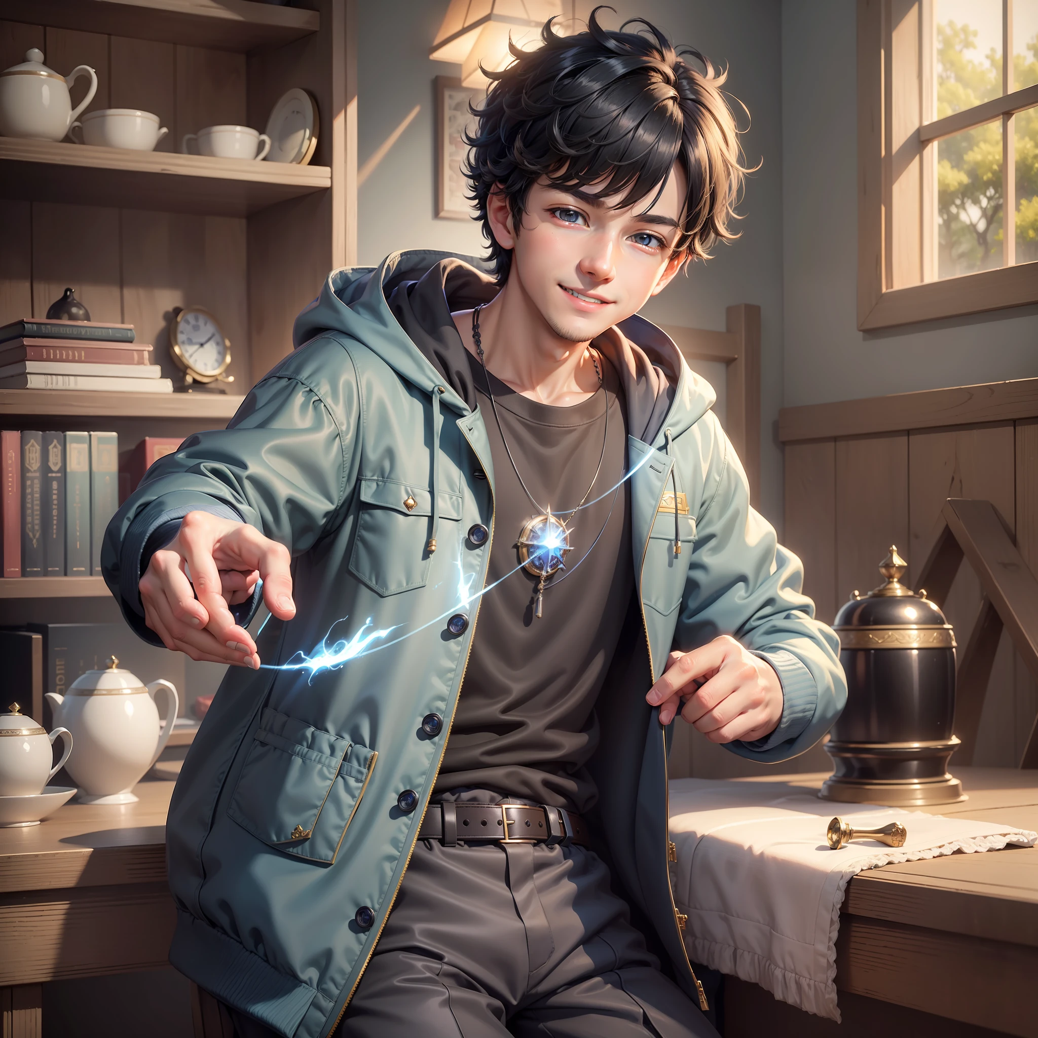((high quality)), ((masterpiece)), 8k, 1boy, rays of light, 8k wallpaper of extremely detailed unit CG, cg game, looking at the viewer, a baby, boy, black hair, smile, playing, blue coat, gray pants sweatshirt, kawaii, charismatic