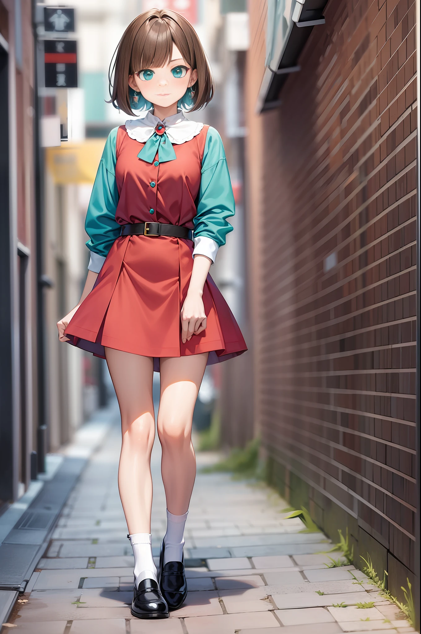 ((anime style)),masterpiece,flat color, best quality, no-show socks, flat shoes, earrings, Peter Pan collar,Turquoise and Coral outfit, Brown hair, straight bangs, beautiful hair.