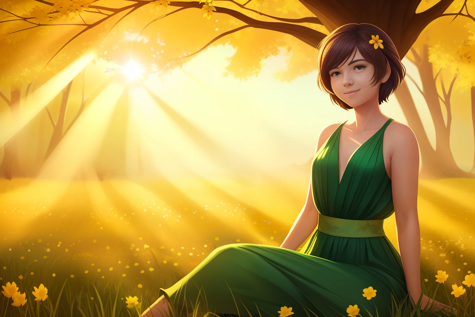 A beautiful woman sitting, under a tree with yellow leaves, wearing green dress, smiling, short hair, grasses, flower plants, sun rays, light rays, symmetrical face, freckles, 4k, 8k, intricate, magnificent