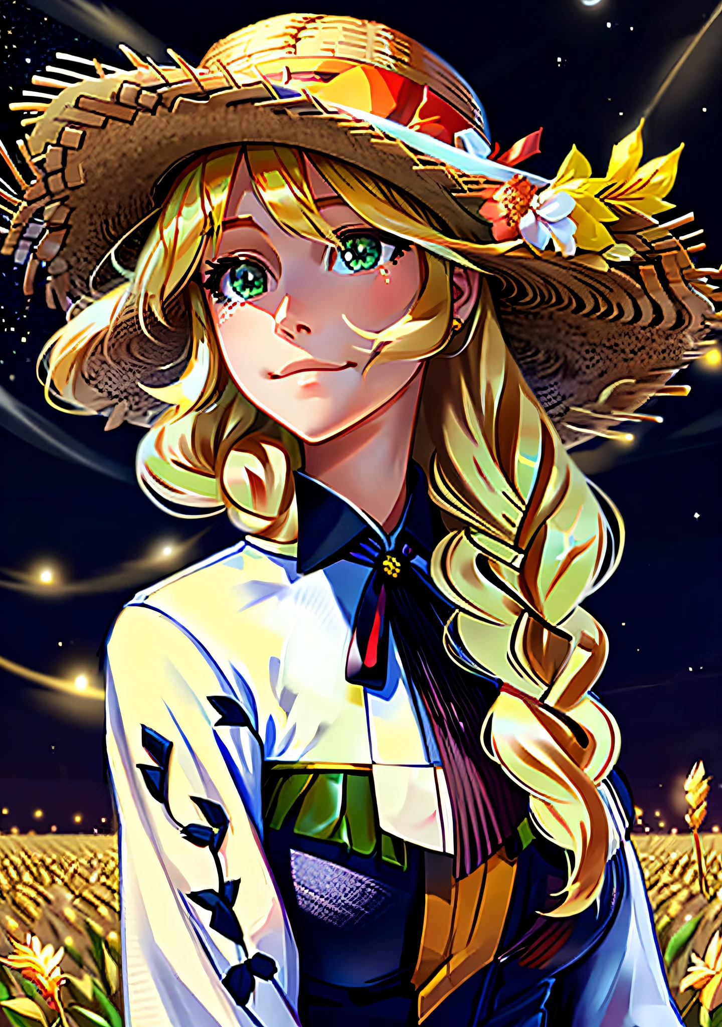 award winning (anime style:1.0), 1girl, solo, (straw hat with flowers:1.1), star (symbol), (long blonde hair flowing in the breeze), soft smile, [((gorgeous green eyes))], (navy dress with white frill collar:0.8), [red bow], long sleeves, (single braid), red rose, looking at viewer, adorable, captivating, center frills, bowtie, bangs, closed mouth, hand touching wheat, (mature woman:1.59), beautiful (dark) night sky in a wheat field, ((at night)), (wind), (monochrome:1.2)