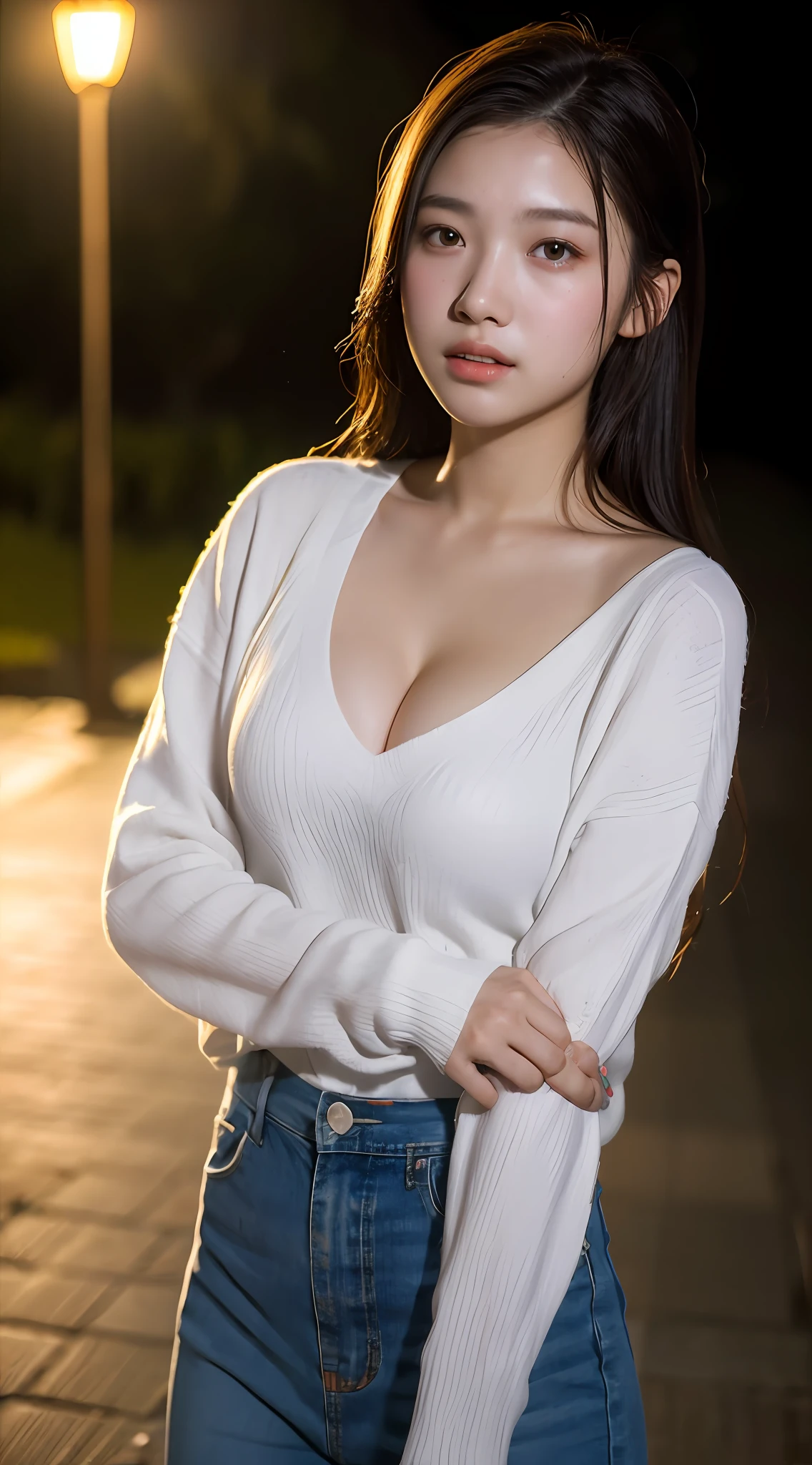 1girl, 18 years old, mix4, (8k, RAW photo, best quality, masterpiece:1.2), (realistic, photorealistic:1.37), cute, night, rain, humid, professional lighting, photon mapping, radiosity, physically based rendering, ultra high resolution, (medium breast: 1.2)