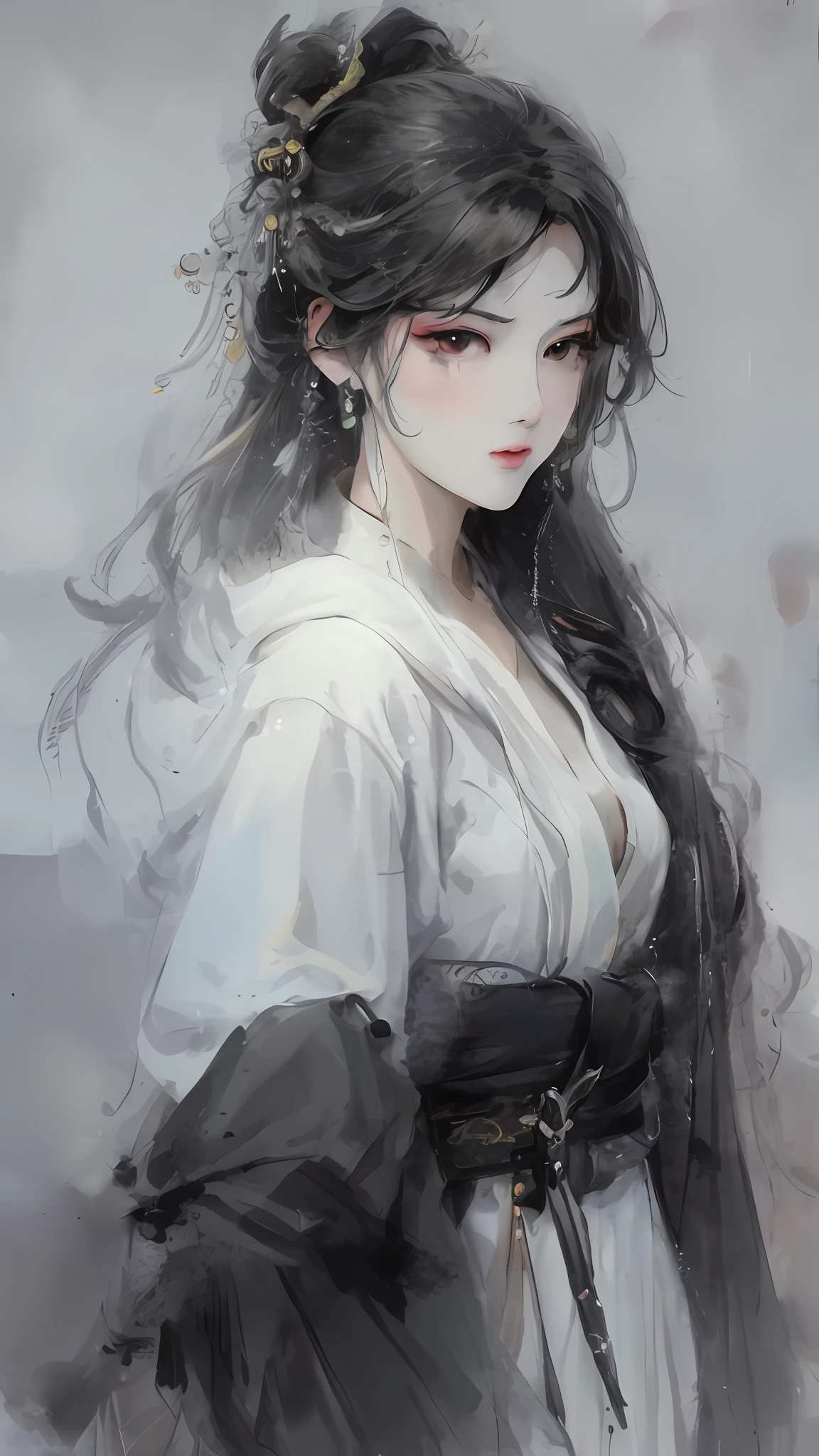 ((Yang J + beautiful character + painting) + (Zhou Wenjing + Zeng Jing + Li Song + Zhang Han + Guwiz Art Station + Guwiz Art Station + Pixiv Art + Guwiz)), (a woman with long hair and white dress: 1.2), beautiful and dreamy, (Guwitz style: 1.3), etching style, soft, high contrast, using yellow-green tones, ink texture for best effect.