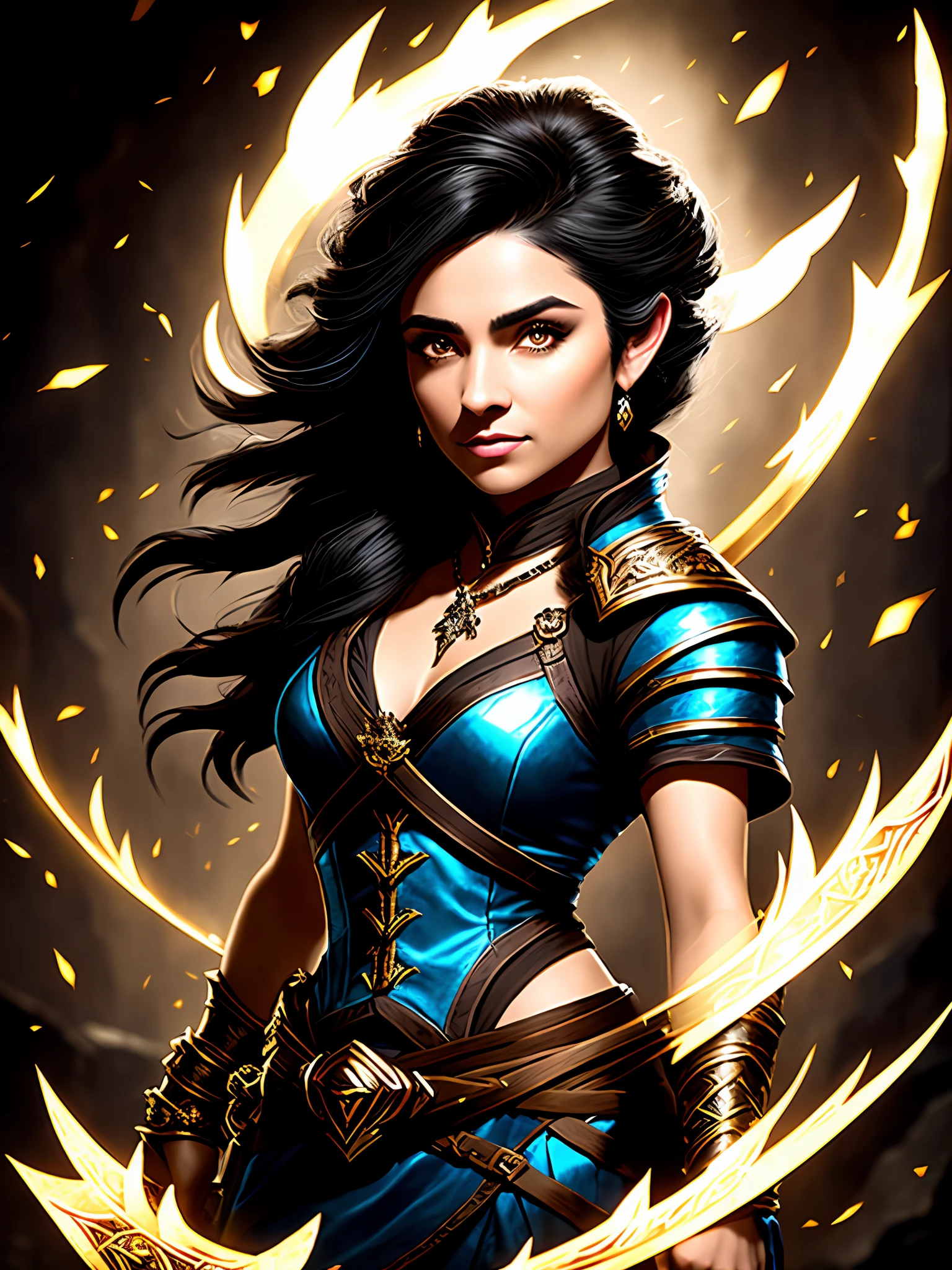 a woman halflings bard, harp on the back, black hair, brown eyes, ice foil on the right hand, ice beast on the left hand, short stature, fully clothed, in a dungeon, masterpiece, best quality, high contrast, soft lighting, backlighting, blooming, light glows, chromatic aberration, smooth, sharp focus