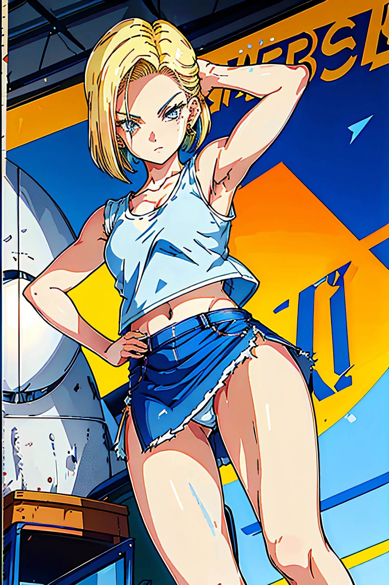Top Quality, Hi-Res, And18, 1girl, Android 18, Solo, Blonde Hair, Blue Eyes, Short Hair, Earrings, Short tank top, White tank top, Denim Miniskirt, skirt without slit, Upskirt with the left hand, Blue Miniskirt, Large-breasted, Shape of the nipple,