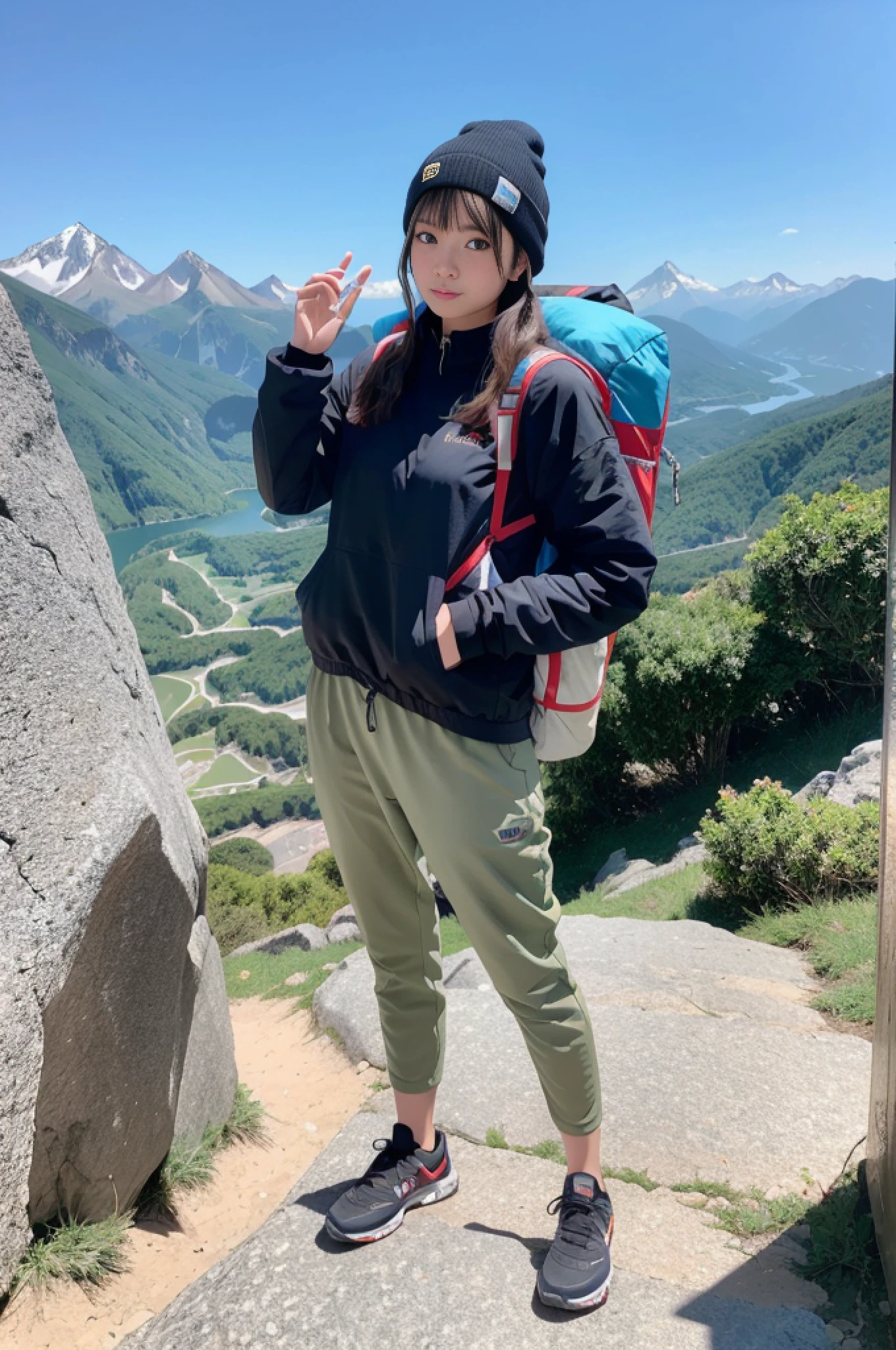 (masterpiece, top quality, 8K wallpaper, high resolution, ultra-realistic), 1girl, solo, full body composition from afar, slender figure: 1.1, Japan person, model-like face, beautiful face, beautiful eyes, detailed face, short hair, black eyes, carrying a big backpack, backpacker, mountaineer, view from the mountain top, detailed hands, detailed feet, detailed fingers, oversized, Mountain jacket on outerwear, T-shirt, trekking pants, trekking, hiking, trekking boots, outdoors, small breasts, natural landscape photo;mountain climbing;spectacular summer mountain scenery with rugged mountain range in the distance, wonderful contrast of blue sky and white clouds. Camera = "Sony a7 IV";Lens="Tamron 28-200mm f/2.8-5.6 Di III RXD";" Aperture = f/6.3";" Shutter speed = 1/1600 sec";" ISO=100";