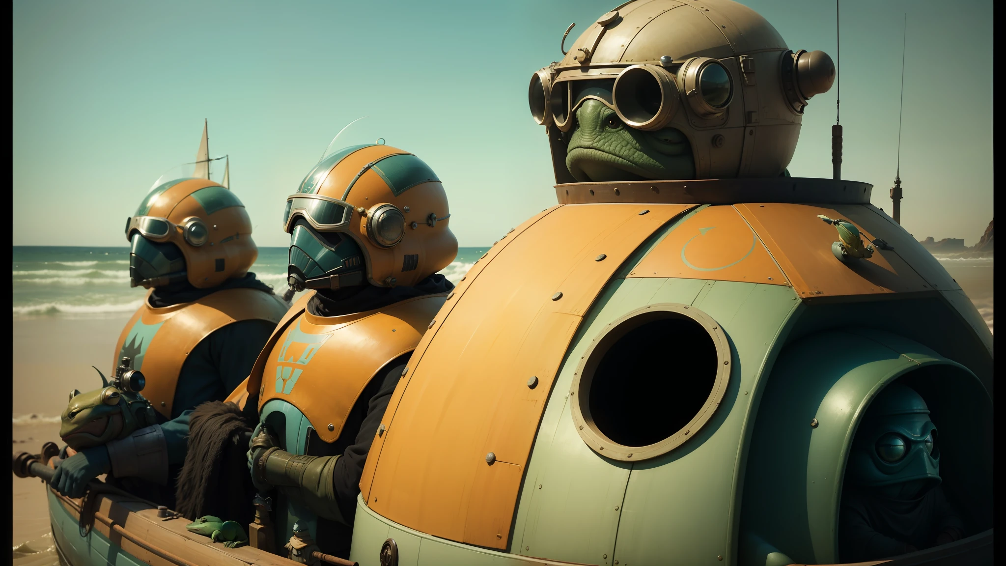 there are three people in a boat with helmets and goggles, inspired by Volkan Baga, star wars alien faces, furaffinity, still image from the movie, by Chris LaBrooy, innsmouth ocean - dwellers, jabba el hutt, symmetrical dieselpunk warrior, 1 9 5 0 s scifi, frogs, award winning costume design
