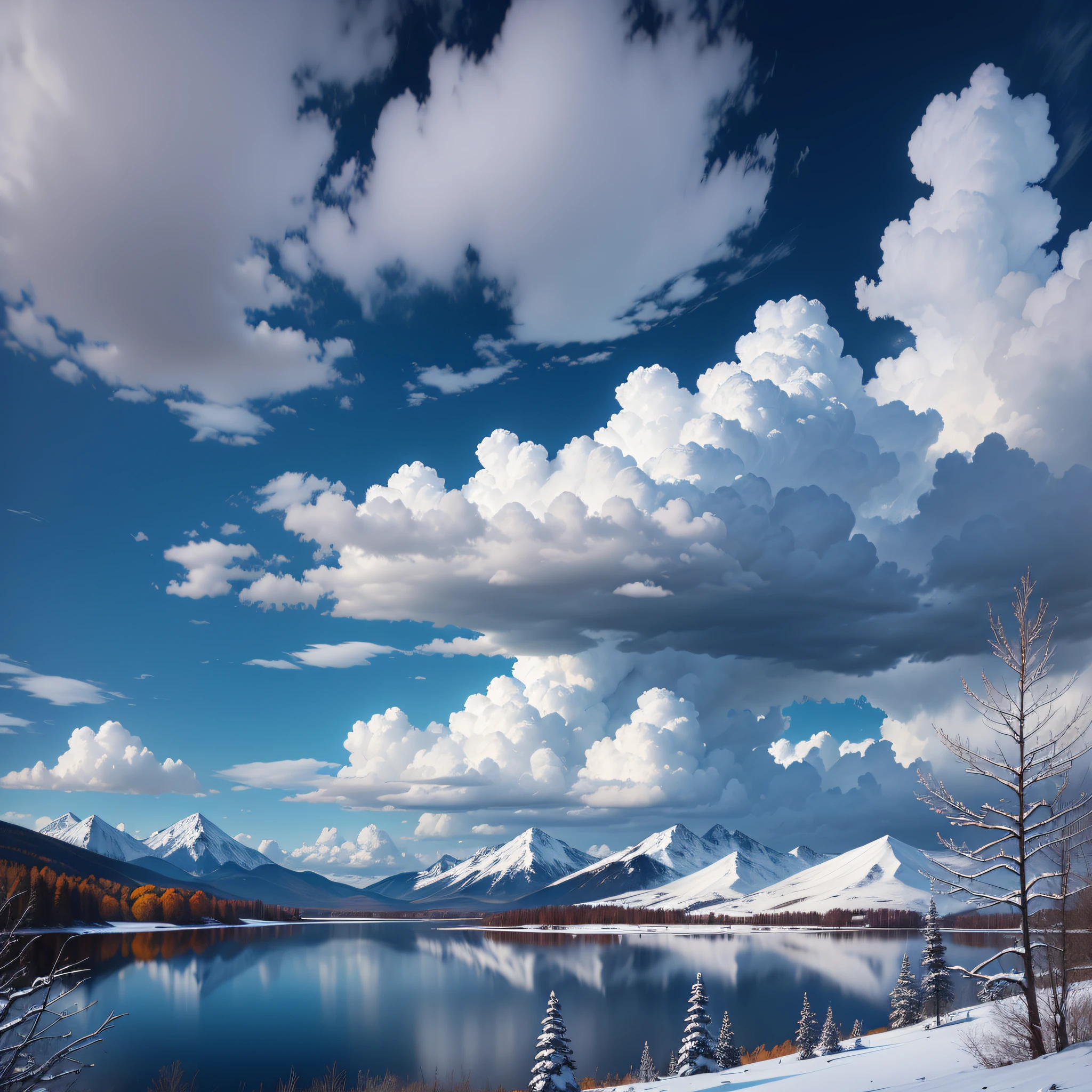 Blue sky and white clouds, in the distance is a peak snowy mountain, a lake in the woods, the edge of the inn, autumn