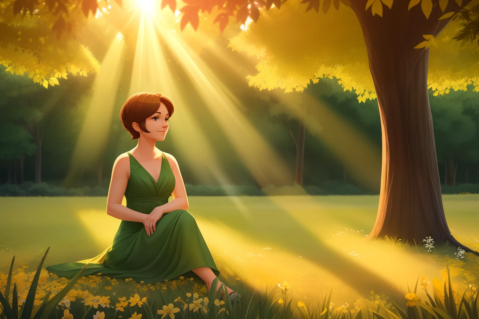 A beautiful woman sitting, under a tree with yellow leaves, wearing green dress, smiling, short hair, grasses, flower plants, sun rays, light rays, symmetrical face, freckles, 4k, 8k, intricate, magnificent