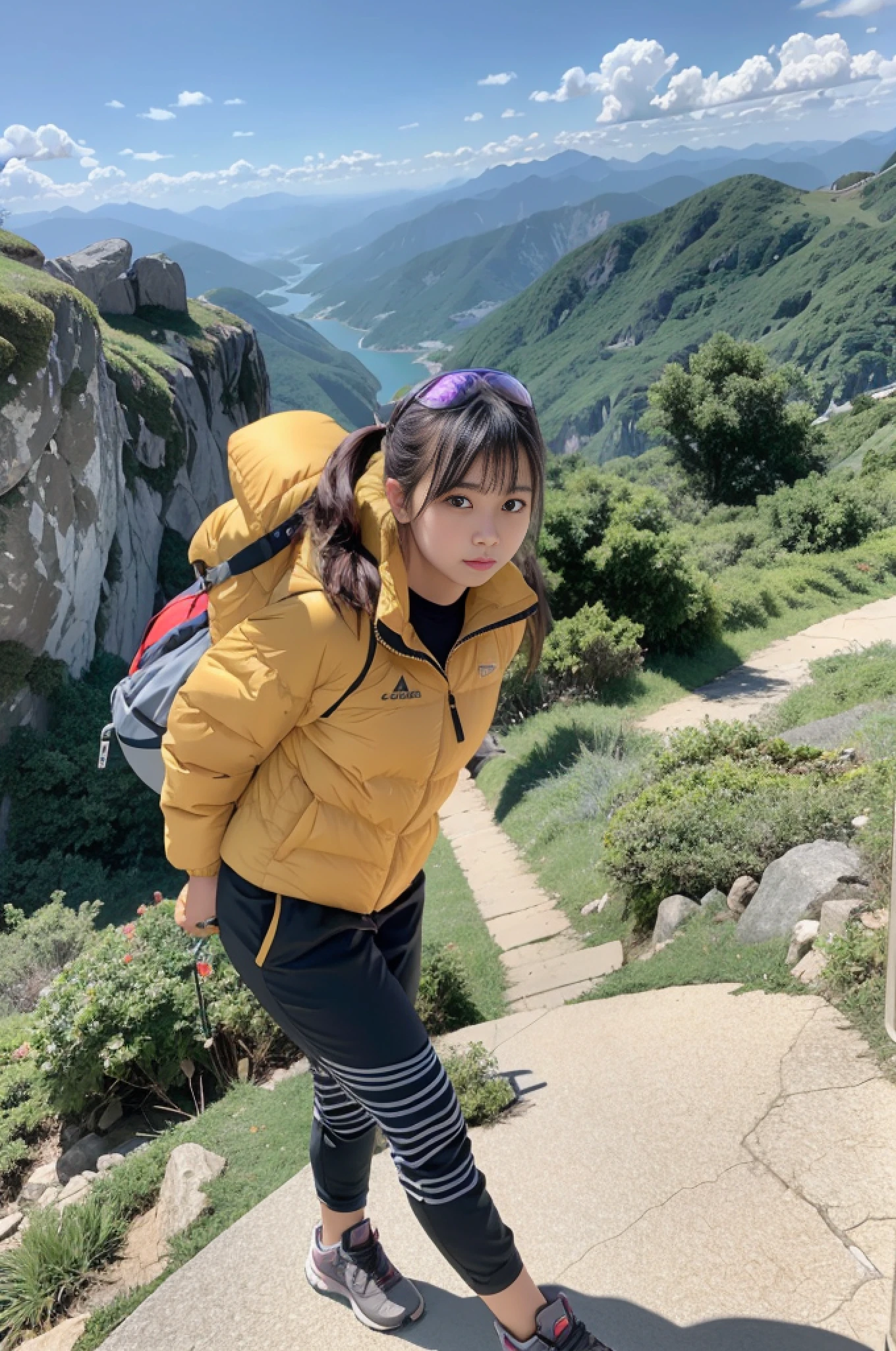 (masterpiece, best quality, 8K wallpaper, high definition, ultra-realistic), 1girl, solo, full body composition from afar, slender figure: 1.1, Japan person, beautiful face, beautiful eyes, detailed face, ponytail, black eyes, carrying a big backpack, backpacker, mountaineer, view from the summit, detailed hands, detailed feet, detailed fingers, oversized, mountain jacket on outerwear, t-shirt, trekking pants, trekking, hiking, trekking boots, outdoor, small breasts, natural landscape photo;mountain climbing;spectacular summer mountain scenery with rugged mountain range in the distance, wonderful contrast of blue sky and white clouds. Camera = "Sony a7 IV";Lens="Tamron 28-200mm f/2.8-5.6 Di III RXD";" Aperture = f/6.3";" Shutter speed = 1/1600 sec";" ISO=100";