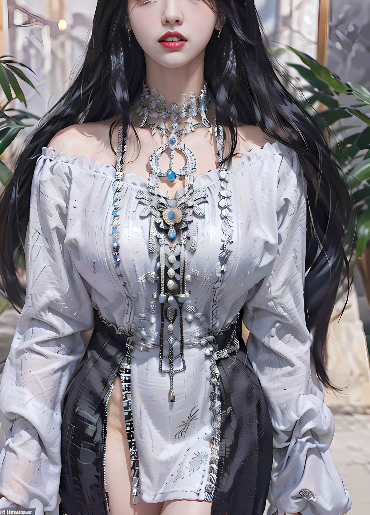 a close up of a woman with long white hair wearing a black dress, tifa lockhart with white hair, goddess. extremely high detail, intricate outfit, 8k high quality detailed art, 3 d render character art 8 k, guweiz, digital art of an elegant, very detailed and rich clothing, a beautiful fantasy empress, cruel korean goth girl