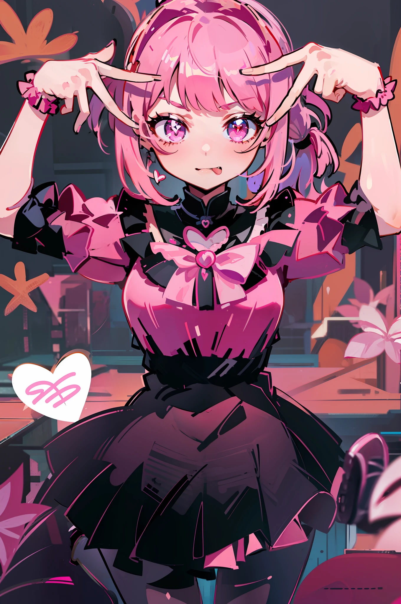 Poor breasts, flat breasts, small breasts, Ai's pose, 1 girl, solo, :p, tongue sticking out, V, black background, double V, Alona, 1 girl, masterpiece, best quality, 1girl, solo, ribbon, one-sided ponytail, right ponytail, heart, pantyhose, frills, pink skirt, red eyes, frilled_skirt, pink_shirt,platform_footwear, pink_theme, pill, jirai_kei, Stars (symbols), symbol-shaped pupils