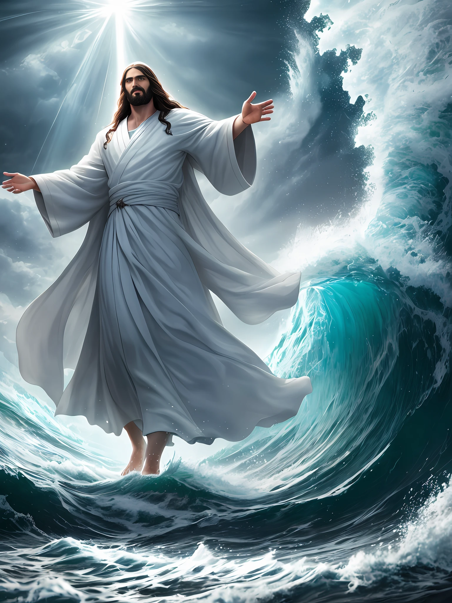 Jesus walking on water breaking through the waves in a storm, slender body, white robe of Jesus' time, (halo), streaks of light coming down from the sky, lightning, very detailed face, gentle expression, detailed eyes, detailed hair, empty-handed, barefoot, whole body, masterpiece, highest quality, high quality, highly detailed CG unit 8k wallpaper, award-winning photos, bokeh, depth of field, HDR, bloom, chromatic aberration, realistic, very detailed, trending at artstation, trending at CGsociety, Intricate, high-detail, dramatic, mid-journey art, volumetric lighting, slightly visible from a distance. Wide Shot