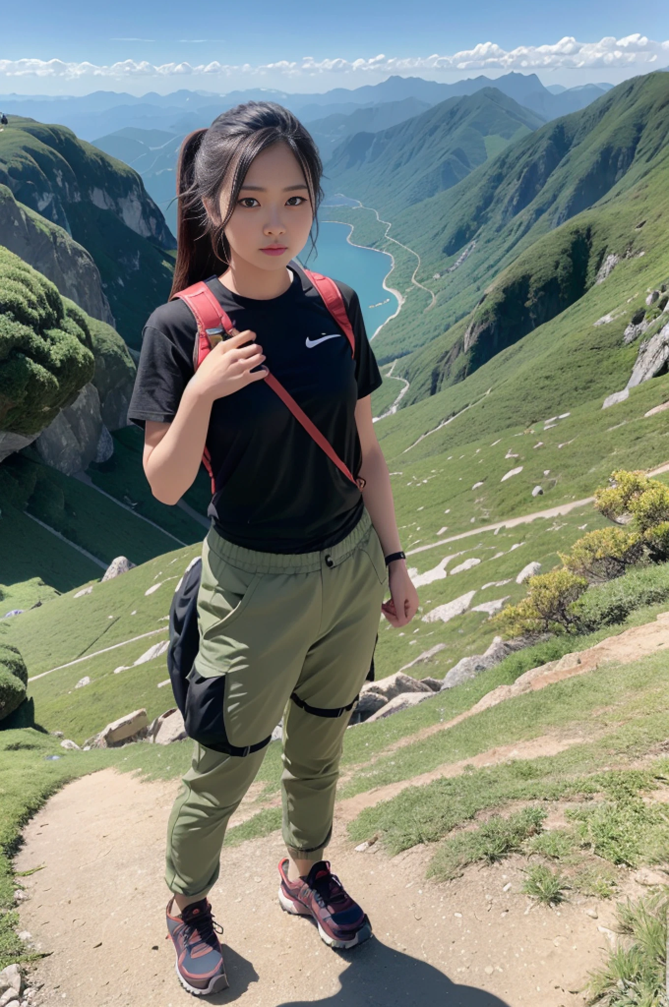 (masterpiece, top quality, 8K wallpaper, high resolution, ultra-realistic), 1girl, solo, full body composition from afar, slender figure: 1.1, Japan person, beautiful face, beautiful eyes, black eyes, backpacker, mountaineer, view from mountain top, detailed hands, detailed feet, detailed fingers, oversized, mountain jacket on outerwear, T-shirt, trekking pants, trekking, hiking, Trekking boots, outdoors, small breasts, natural landscape photo;mountain climbing;spectacular summer mountain scenery with rugged mountain range in the distance, wonderful contrast of blue sky and white clouds. Camera = "Sony a7 IV";Lens="Tamron 28-200mm f/2.8-5.6 Di III RXD";" Aperture = f/6.3";" Shutter speed = 1/1600 sec";" ISO=100";