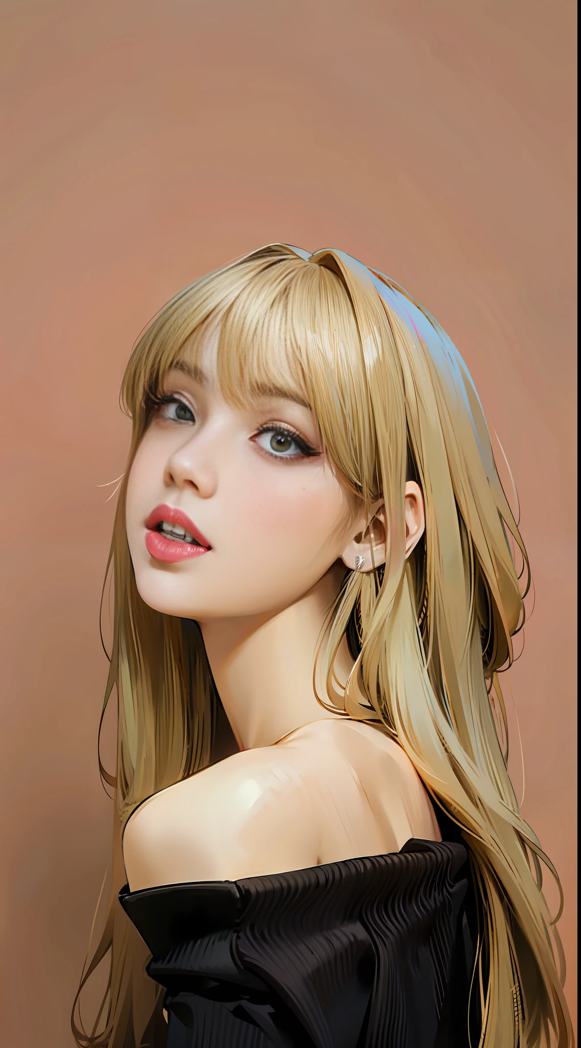 a woman with long blonde hair and a black top, lalisa manobal, lalisa manoban of blackpink, sun yunjoo, portrait of jossi of blackpink, jossi of blackpink, roseanne park of blackpink, with bangs, with full bangs, center parted bangs, portrait of female korean idol, park ji-min, leaked image