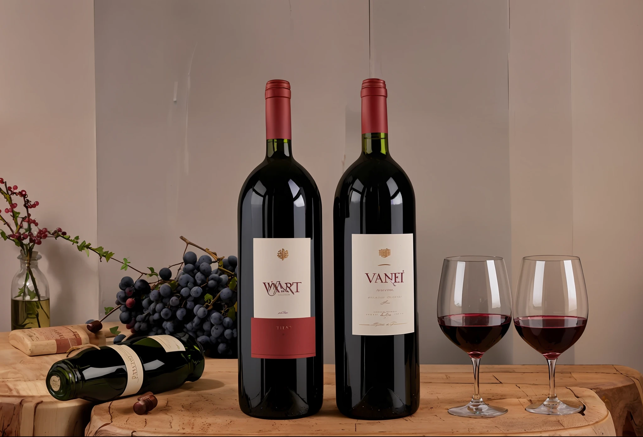 Two bottles of wine sitting on the table, next to a glass of wine, wine bottle, wine label, red wine, wine, high quality product photos, high quality, medium detail, holding wine bottles, professional product photos, detailed images, bottled wine, product photos, very detailed labels, medium, strong, winery, grape leaves, vines, walnut base,