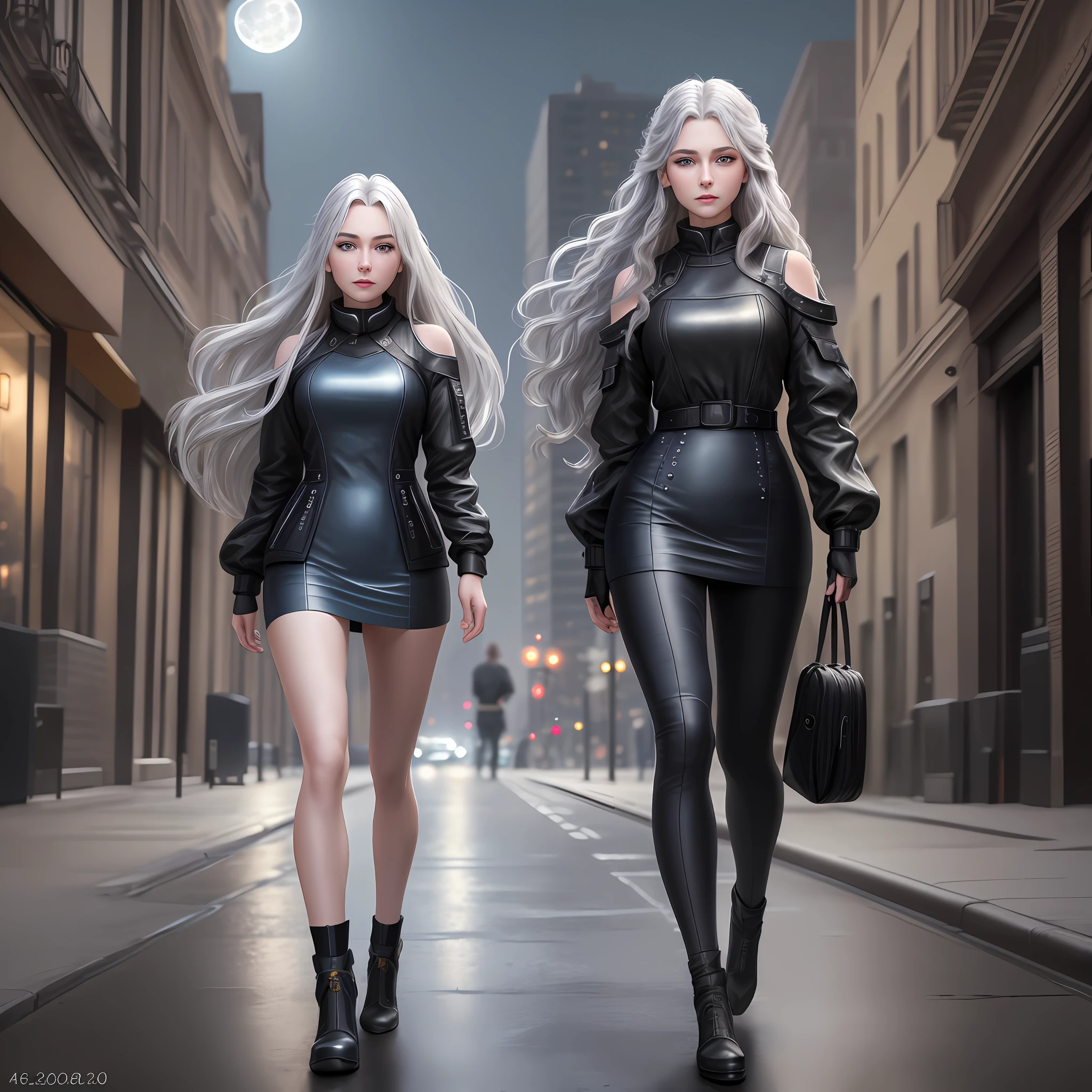 (Masterpiece, 4K resolution, ultra-realistic, very detailed), (Glamorous, a girl), [(25 years old), (long gray hair: 1.2), Full body, (Blue eyes: 1.2), (Show strength), ((Sandy urban environment): 0.8)|(Cityscape, Night, Dynamic Lights), (Full Moon))]