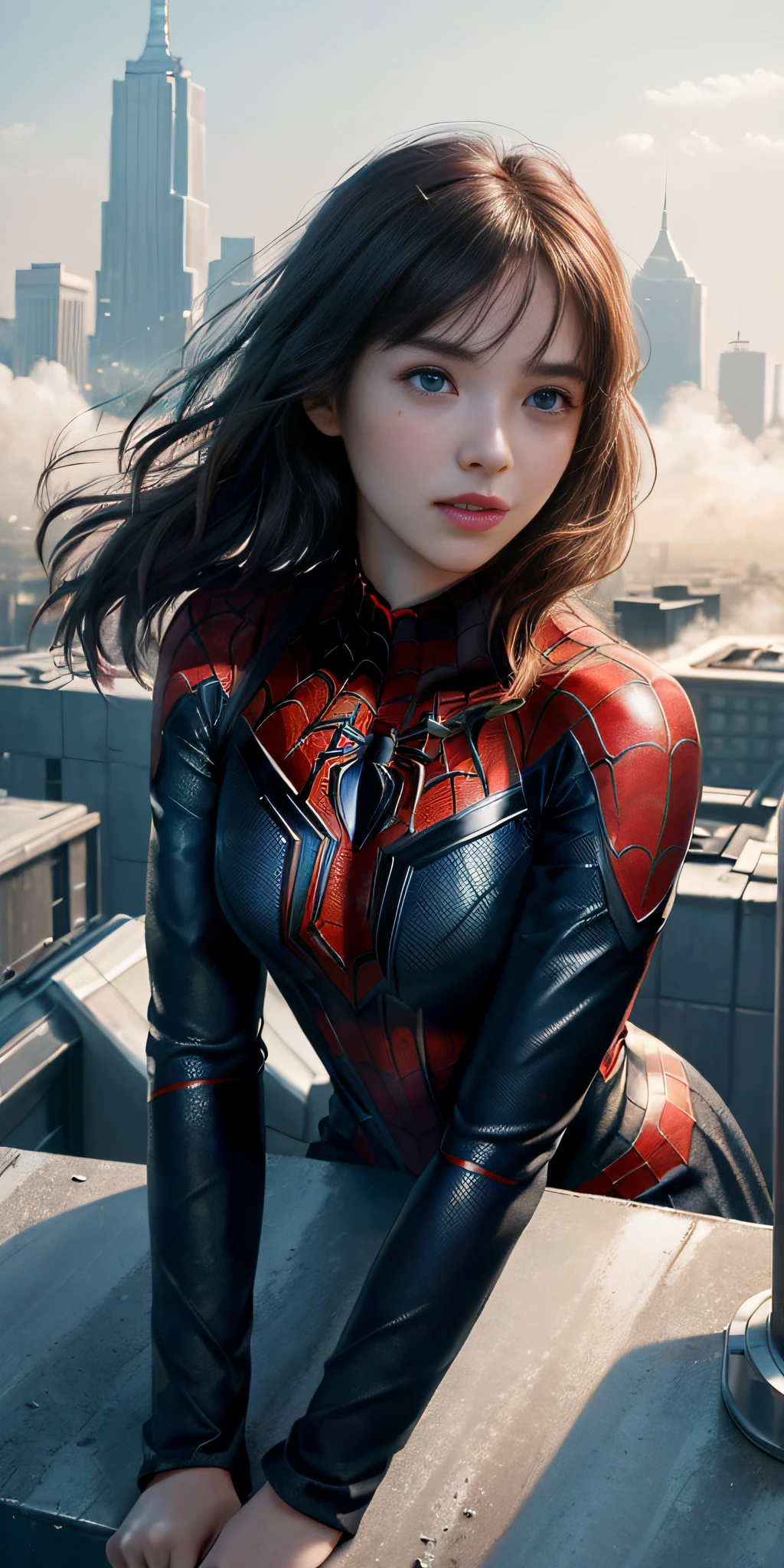 (1girl:1.3), Solo, (((Very detailed face)))), ((Very detailed eyes and face)))), Beautiful detail eyes, Body parts__, Official art, Unified 8k wallpaper, Super detailed, beautiful and beautiful, beautiful, masterpiece, best quality, original, masterpiece, super fine photo, best quality, super high resolution, realistic realism, sunlight, full body portrait, amazing beauty, dynamic pose, delicate face, vibrant eyes, (from the front), She wears Spider-Man suit, red and black color scheme, spider, very detailed city roof background, rooftop, overlooking the city, detailed face, detailed complex busy background, messy, gorgeous, milky white, highly detailed skin, realistic skin details, visible pores, clear focus, volumetric fog, 8k uhd, DSLR, high quality, film grain, fair skin, photo realism, lomography, futuristic dystopian megalopolis, translucent