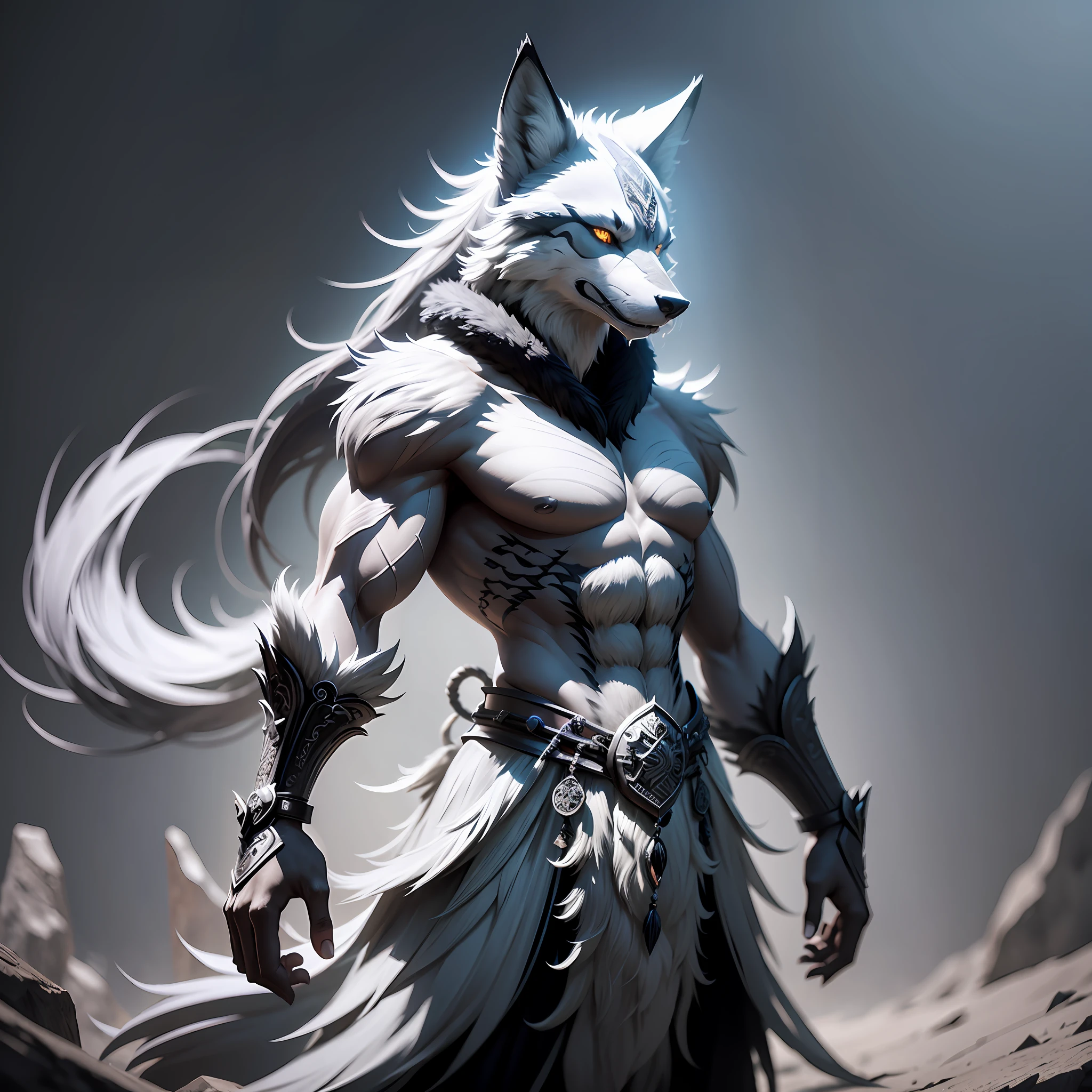 Full length shot, wolf anthropomorphism, shaman, black and white, ink, amazing epic ancient Chinese theme, martial arts style, Chinese fairy tale, highly detailed, dynamic, cinematic, stunning, realistic lighting and shadows, vivid, vibrant, 8k, octane rendering, Unreal Engine, very detailed, concept art, realistic, Cryengine,--ar 5:3 --q 2 --s 750 --v 5 --auto --s2