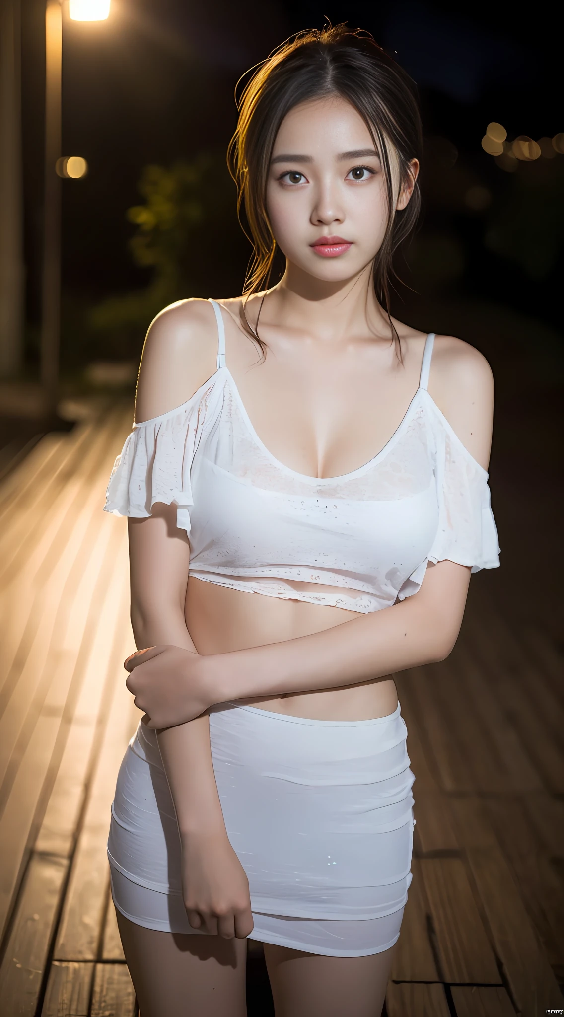 1girl, 18 years old, mix4, (8k, RAW photo, best quality, masterpiece:1.2), (realistic, photorealistic:1.37), cute, night, rain, humid, professional lighting, photon mapping, radiosity, physically based rendering, ultra high resolution, (medium breast: 1.2)