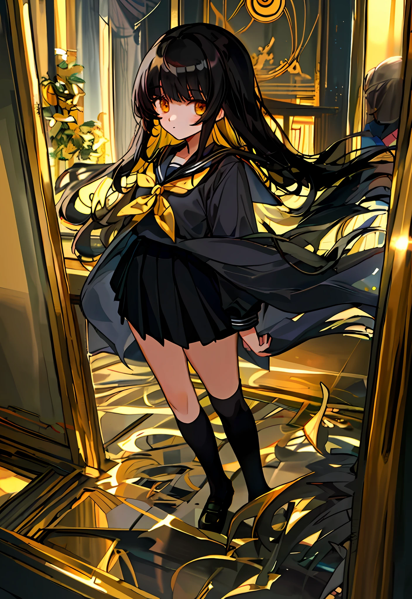 (masterpiece, best quality)1girl, long hair, black hair, full body, looking at viewer, indoors, bangs, solo focus, black sailor suit school uniform, golden eyes, small breast