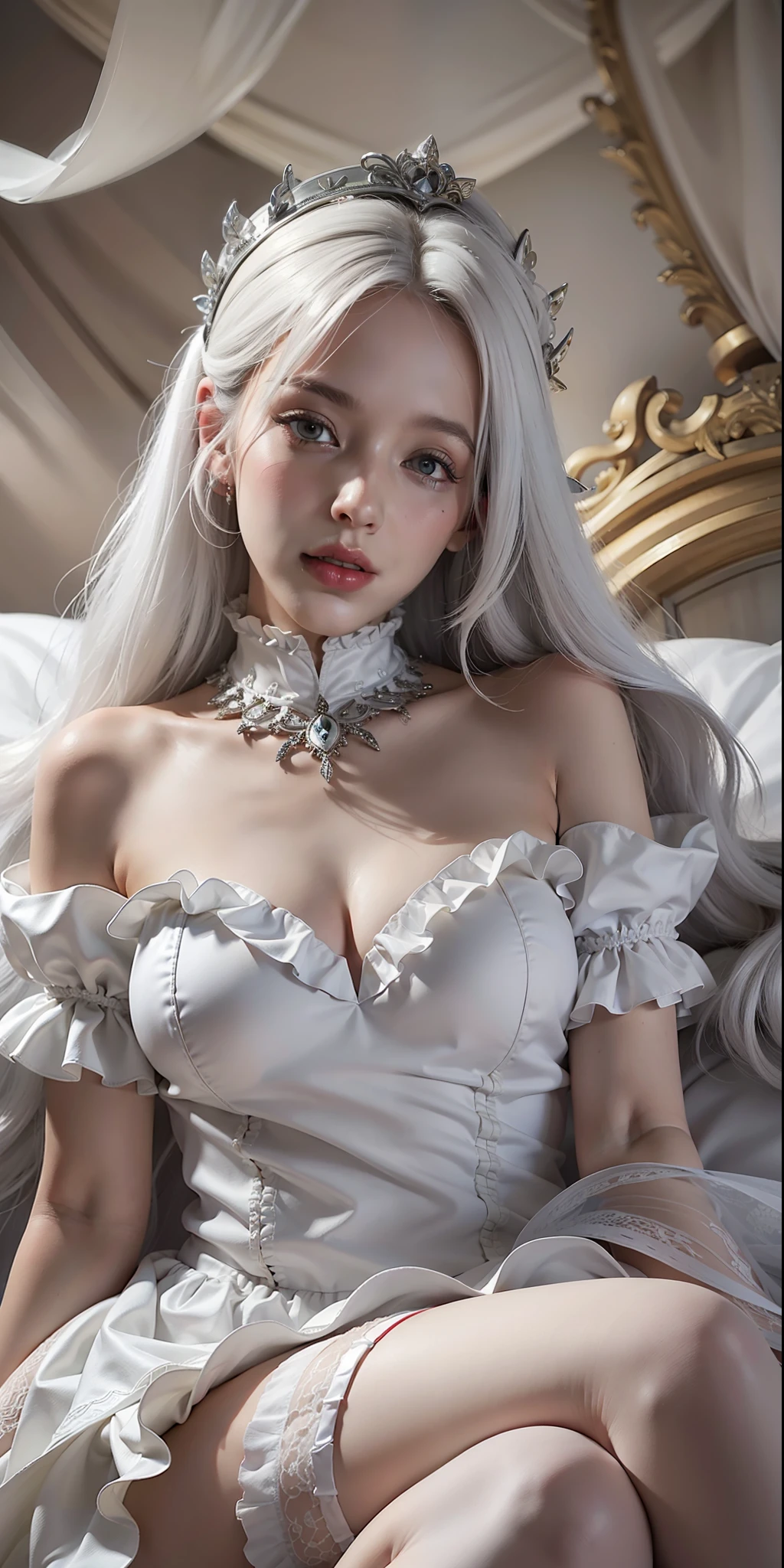 best quality, masterpiece, super high resolution, (realistic:1.4), original photo, 1girl, white legs, white eyes, ((white hair)), collarbone, dress, drilled hair, frilled dress, frills, gloves, hair accessory, high resolution, league of legends, long hair, parted lips, fluffy sleeves, white pupils, smile, solo, white dress, x, x hair ornament, delicate face, lying on bed, lying on side, eyeliner, lipstick, lips, red lips, ((white stockings)), (blush) , white eyelashes