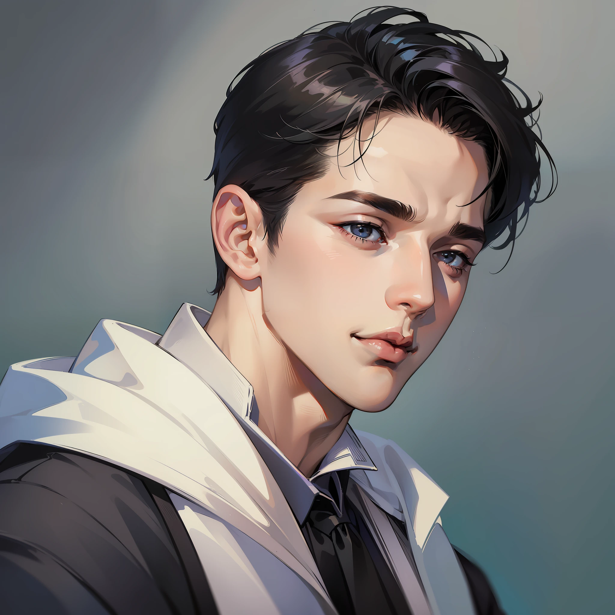 (Masterpiece, best quality: 1.2), detailed face, high detail, realistic drawing art, portrait, sideways, handsome boy, broad shoulders, handsome, very short hair, black hair, black eyes, angular chin, thick neck, thick eyebrows, shirt, background blur, (simple background: 1.2)