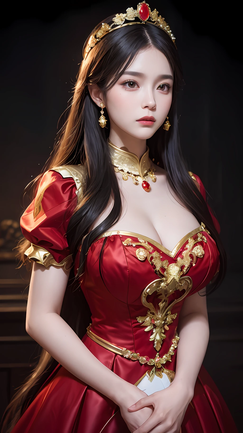 1 heroine, 1 beautiful princess, In the Dark: 1.6), surreal female portrait by David Hockney and Alphonse Mucha, fantasy art, korea doll, photorealism, dynamic lighting, artstation, poster, volumetric lighting, very detailed faces, 8k ultra, all body, Awarded, in the dark, deep shadow, low key, cowboy lens, (Red phoenix dress: 1.4), long hair, black hair, bust, luxurious palace, Royal style, Princess crown, Big round black eyes, style Royal, The most beautiful face, big and regular breasts, Super realistic,